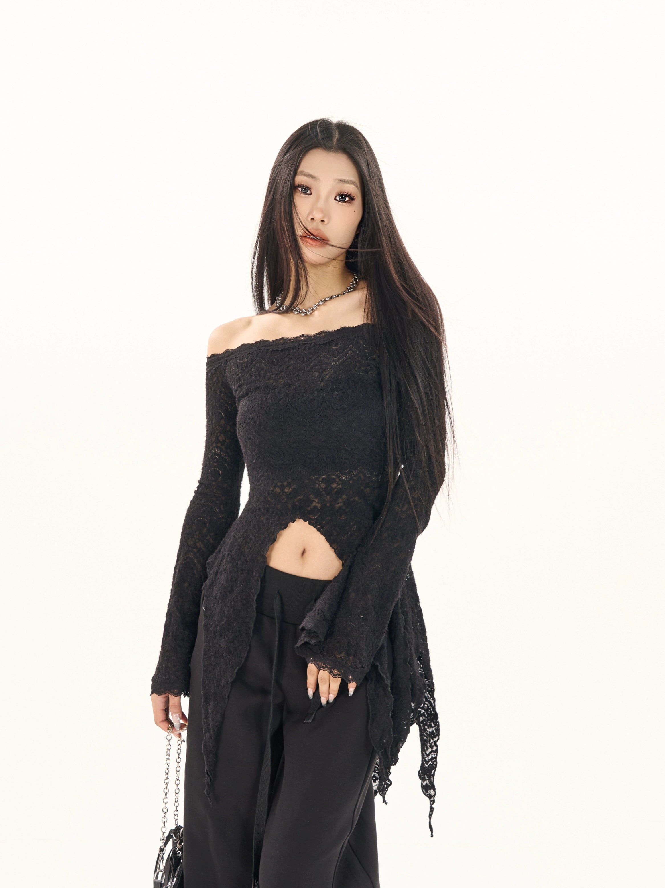 野生zerocircle黑色中长款修身蕾丝衫女春季辣妹喇叭袖一字肩上衣