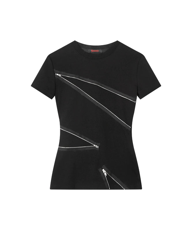 野生zerocircle 黑灰色正肩短袖t恤女夏季辣妹修身设计感拉链上衣