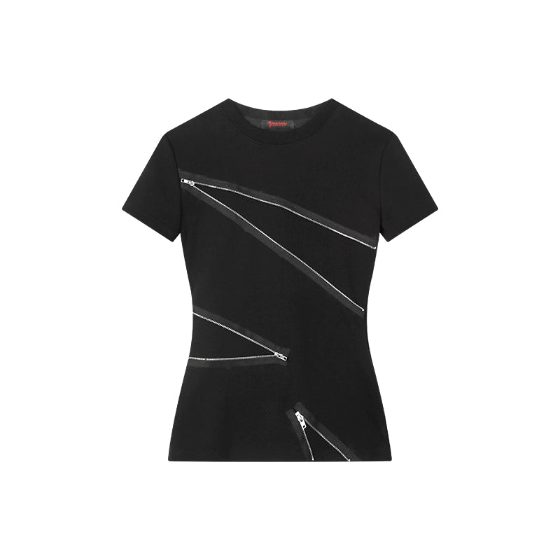 野生zerocircle 黑灰色正肩短袖t恤女夏季辣妹修身设计感拉链上衣