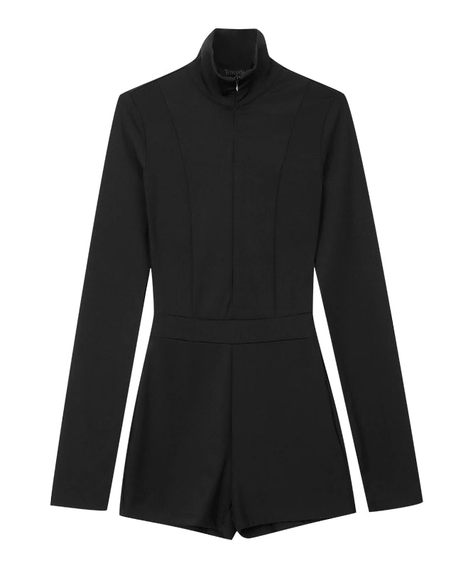 野生zero黑色连体短裤女春秋设计高级感辣妹修身显瘦高领长袖上衣