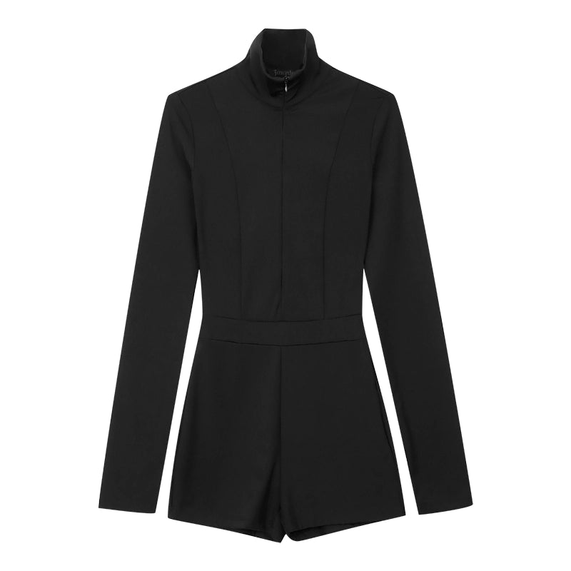 野生zero黑色连体短裤女春秋设计高级感辣妹修身显瘦高领长袖上衣