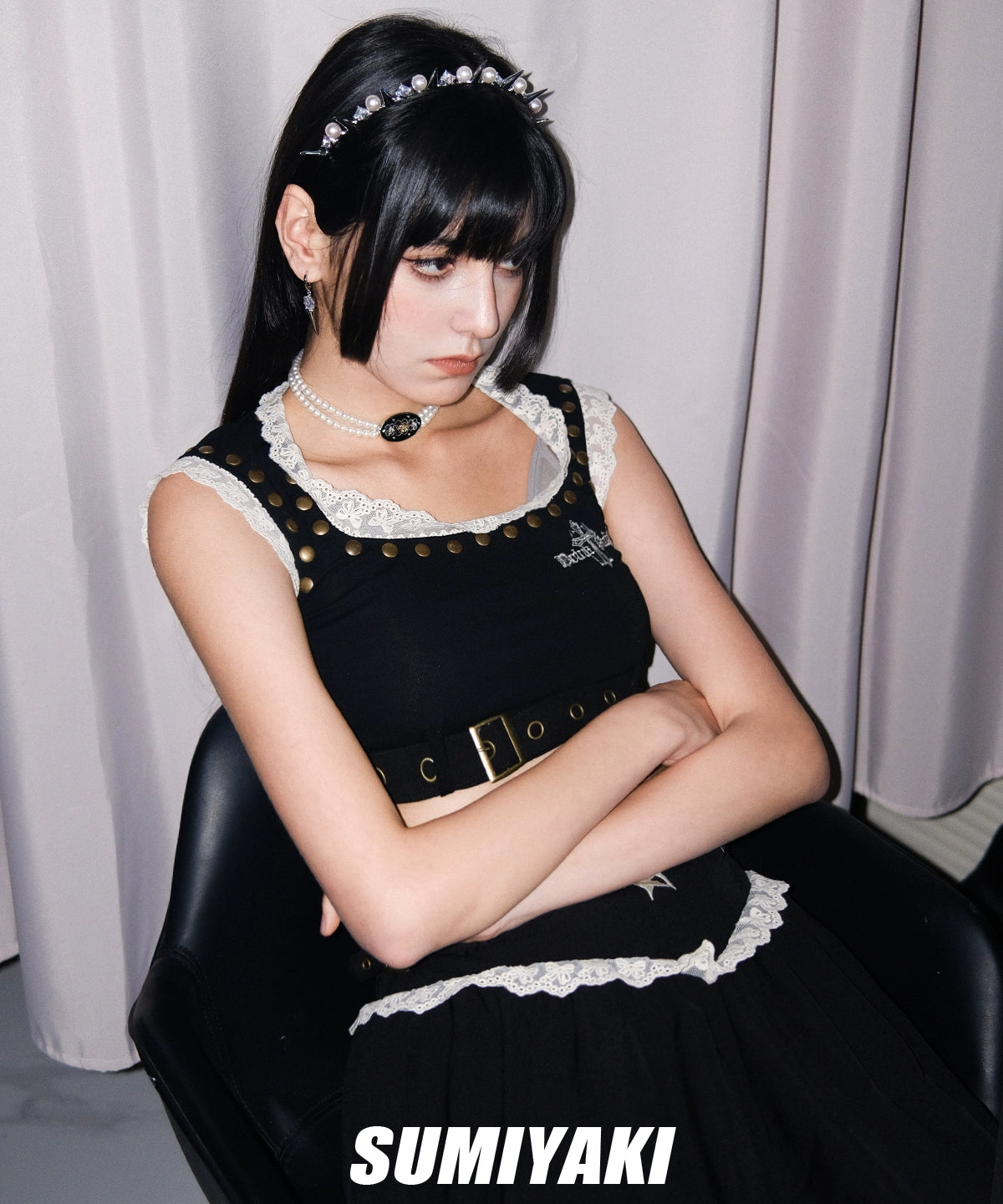 刚柔并济！SUMIYAKI 在逃公主珍珠铆钉发箍朋克学院风小众发饰女