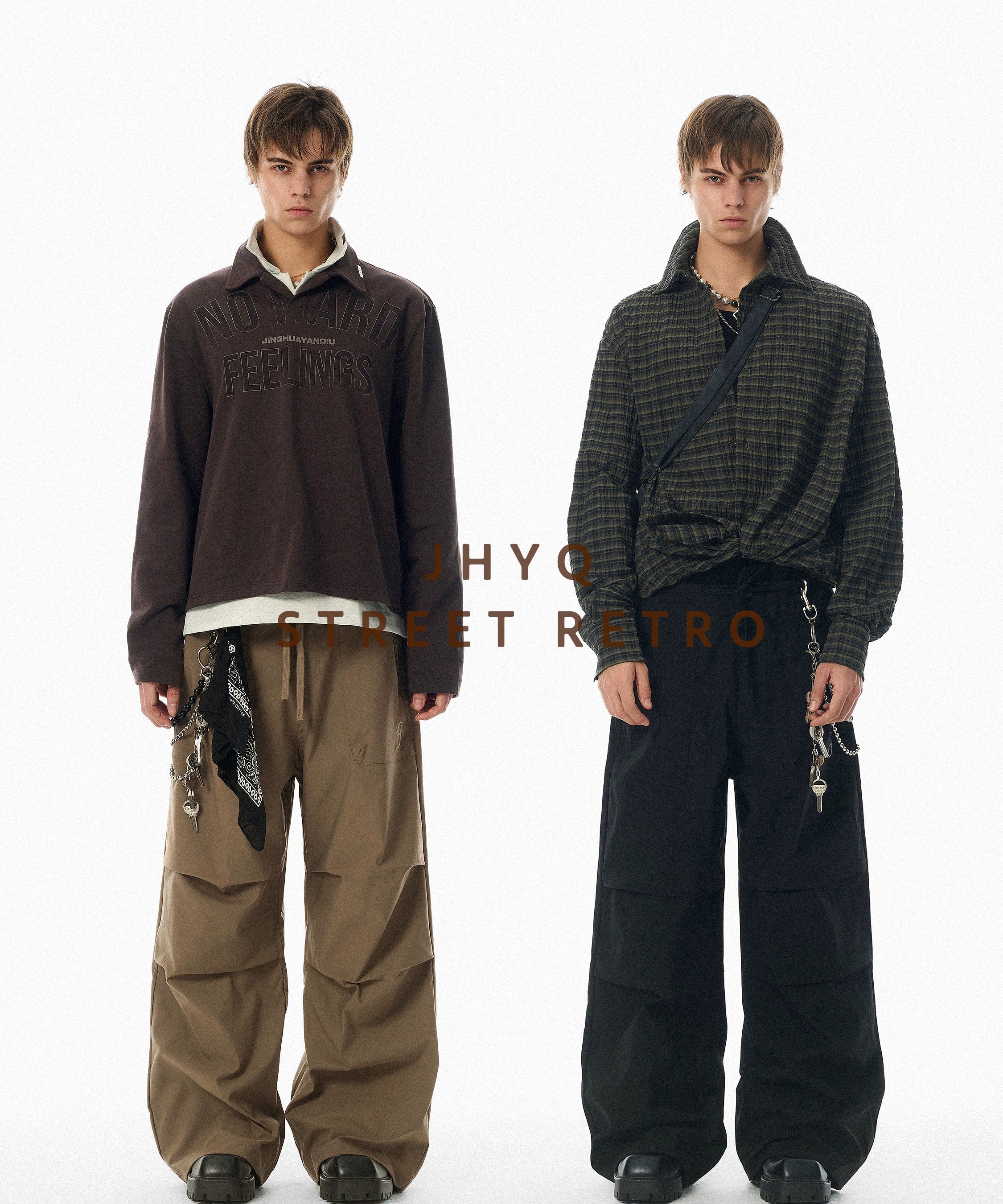 【限时特价】JHYQ春秋美式褶皱伞兵工装裤男潮牌宽松可束脚休闲裤