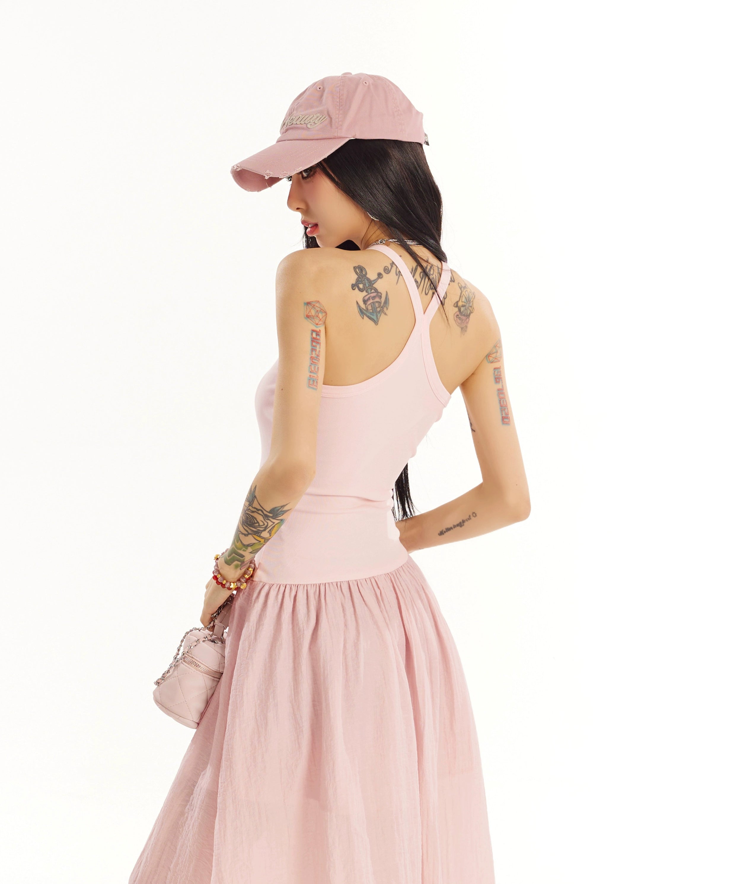 野生zero黑粉色拼接无袖背心连衣裙女春夏季设计感修身显瘦长裙子