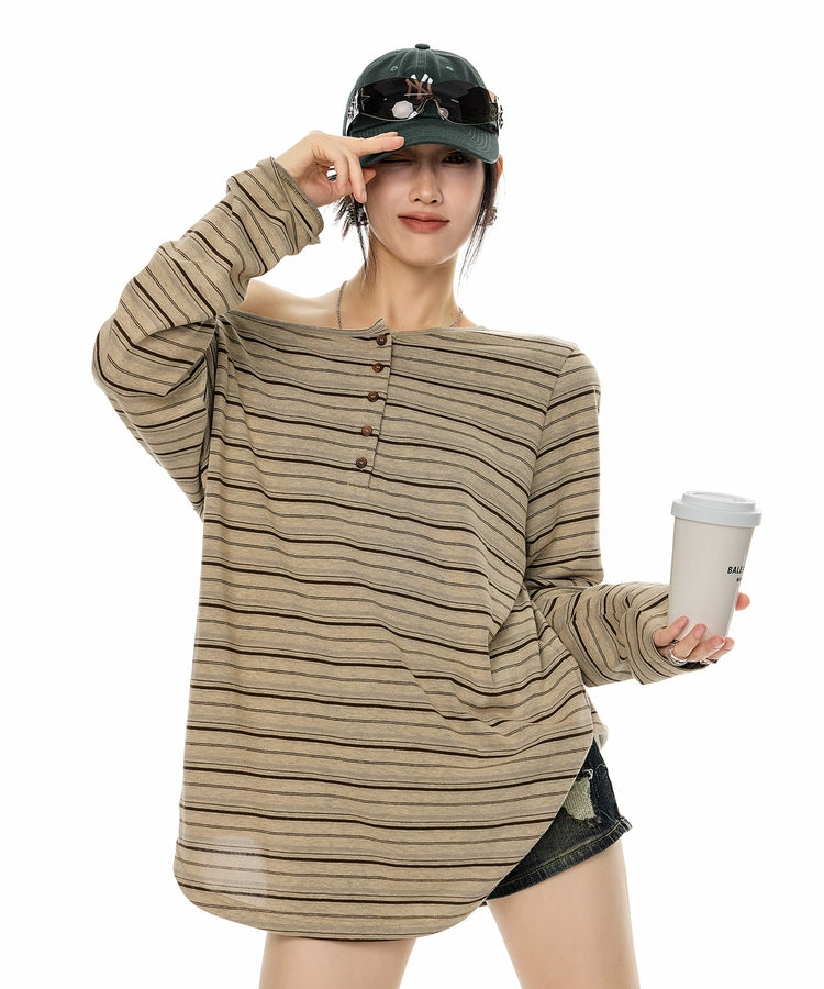 ICH MODE 美式复古斜肩T恤女2025新款秋冬露肩长袖宽松一字肩上衣