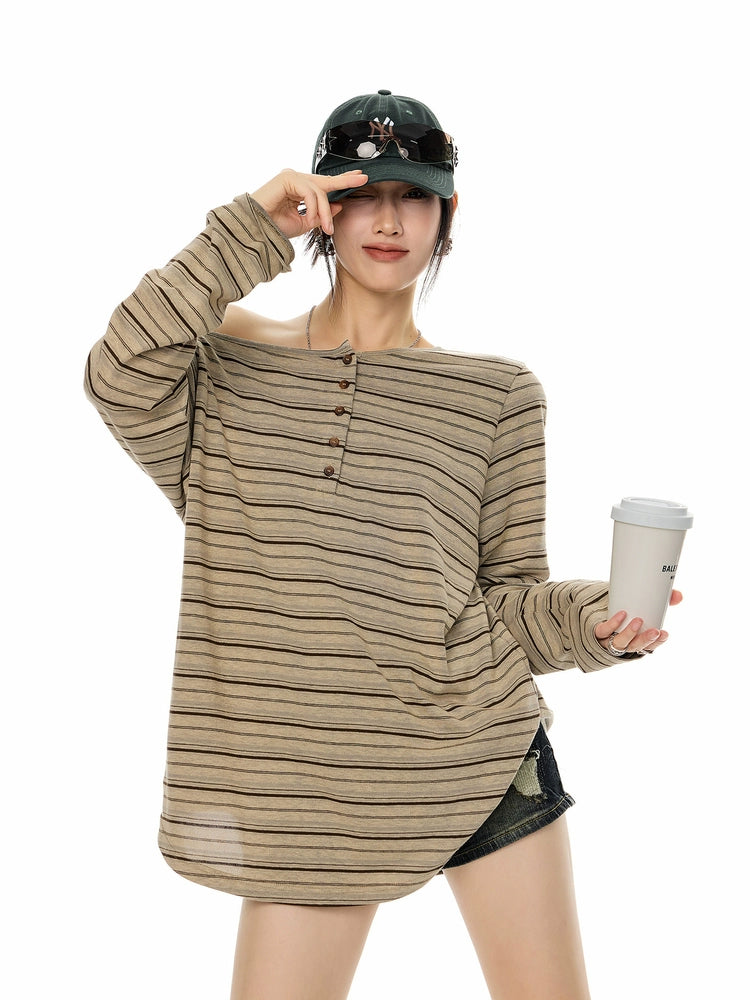 ICH MODE 美式复古斜肩T恤女2025新款秋冬露肩长袖宽松一字肩上衣