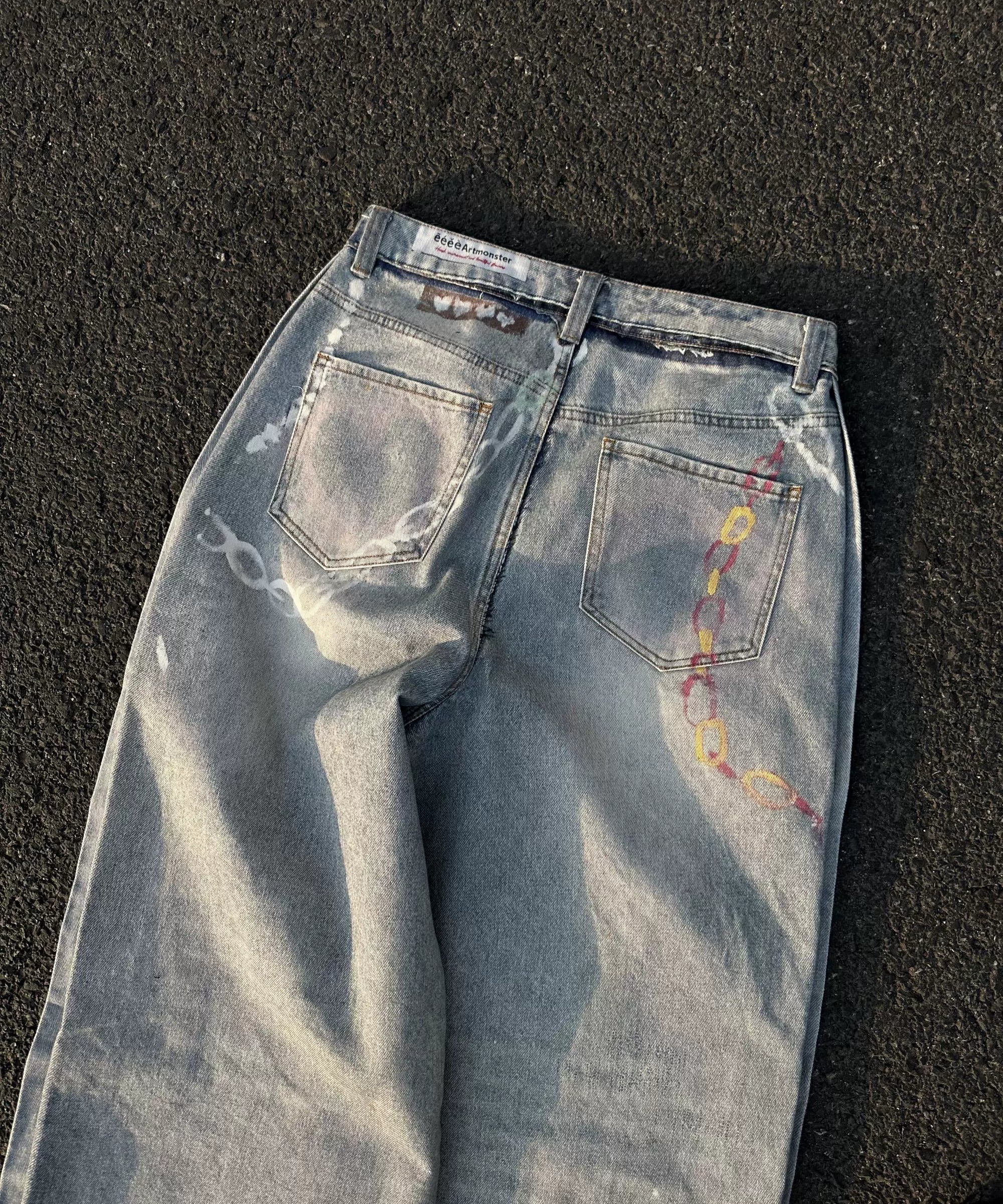 “粉刷匠”| eeee手绘爱心涂鸦重工设计牛仔裤3D破洞印花阔腿裤