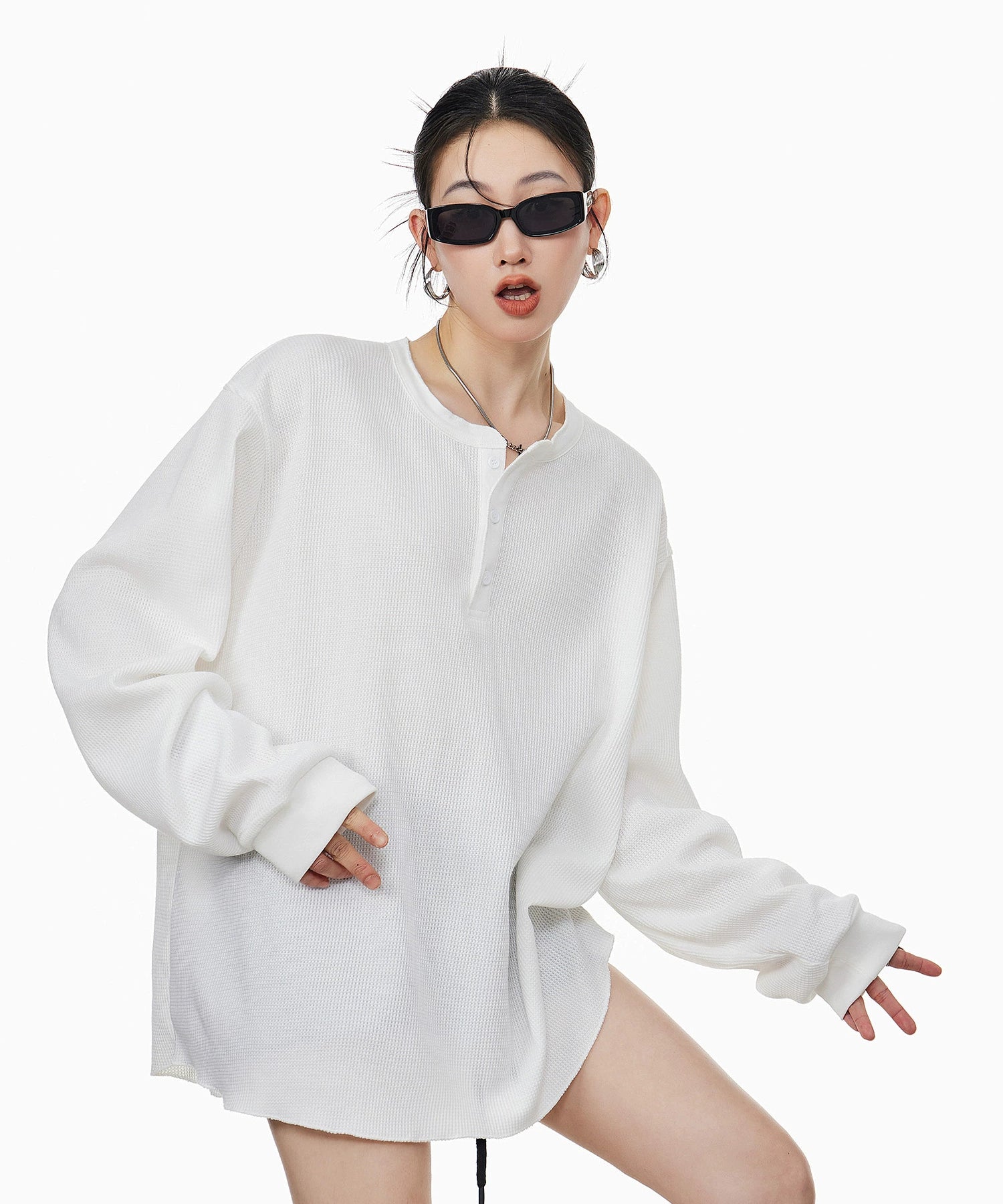 ICH MODE 美式亨利领长袖T恤女2025年夏季新款华夫格宽松休闲罩衫