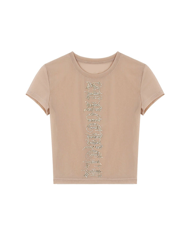 野生zero 黑灰红色烫钻正肩短袖t恤女夏辣妹修身显瘦短款网纱上衣