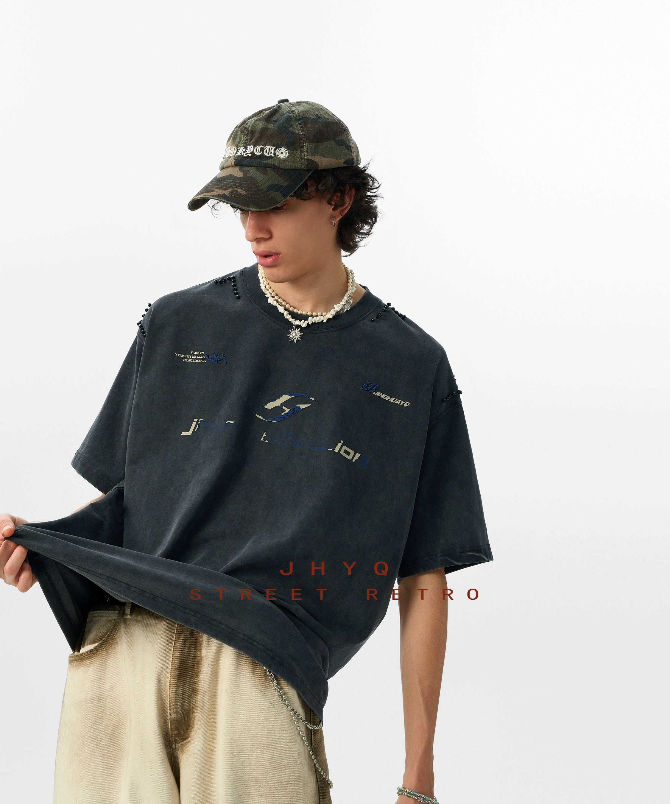 【水洗系列】JHYQ美式280g破坏字母印花钉珠短袖t恤男宽松潮嘻哈