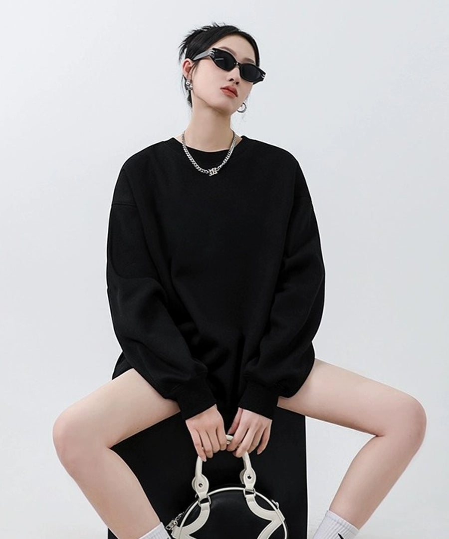 ICH MODE 美式圆领灰色卫衣女秋冬新款宽松慵懒纯色套头外套上衣