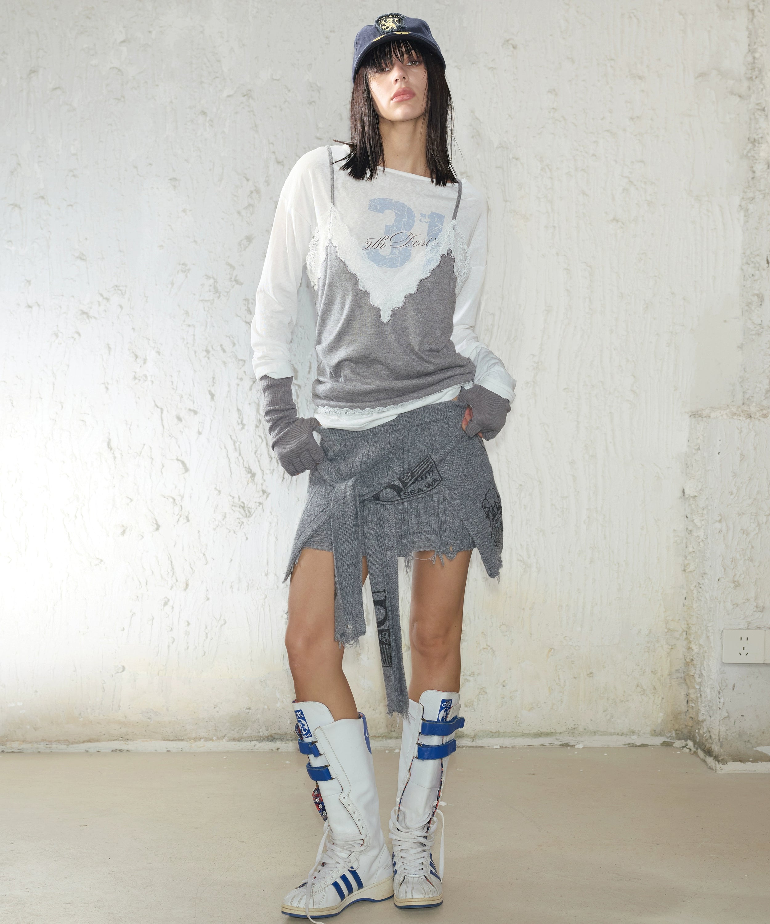 2th Desire原创独特印花街头风不规则绑带设计麻花针织短款半身裙