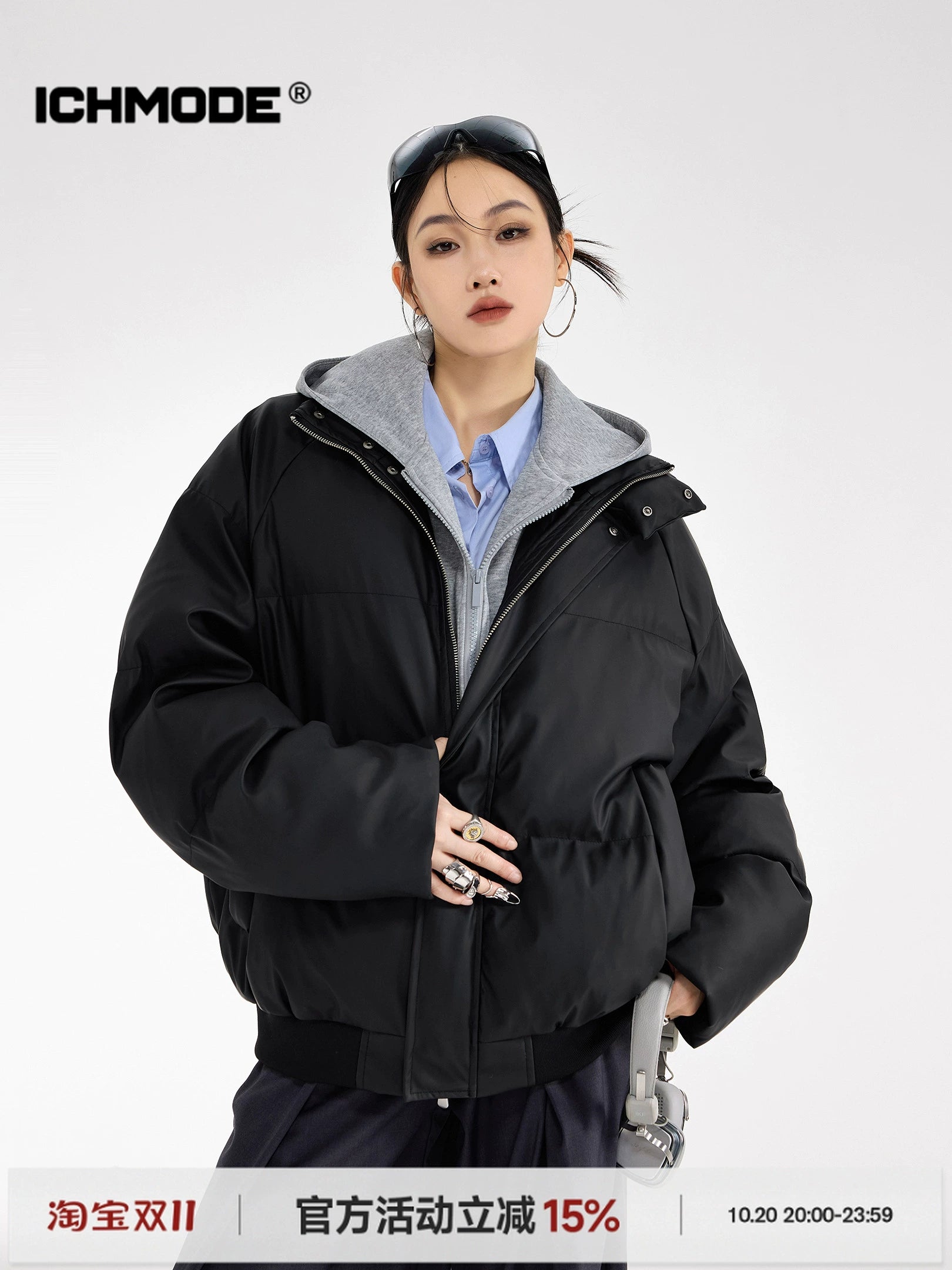 ICH MODE 美式复古纯色假两件连帽棉服女冬季防寒宽松棉服面包服