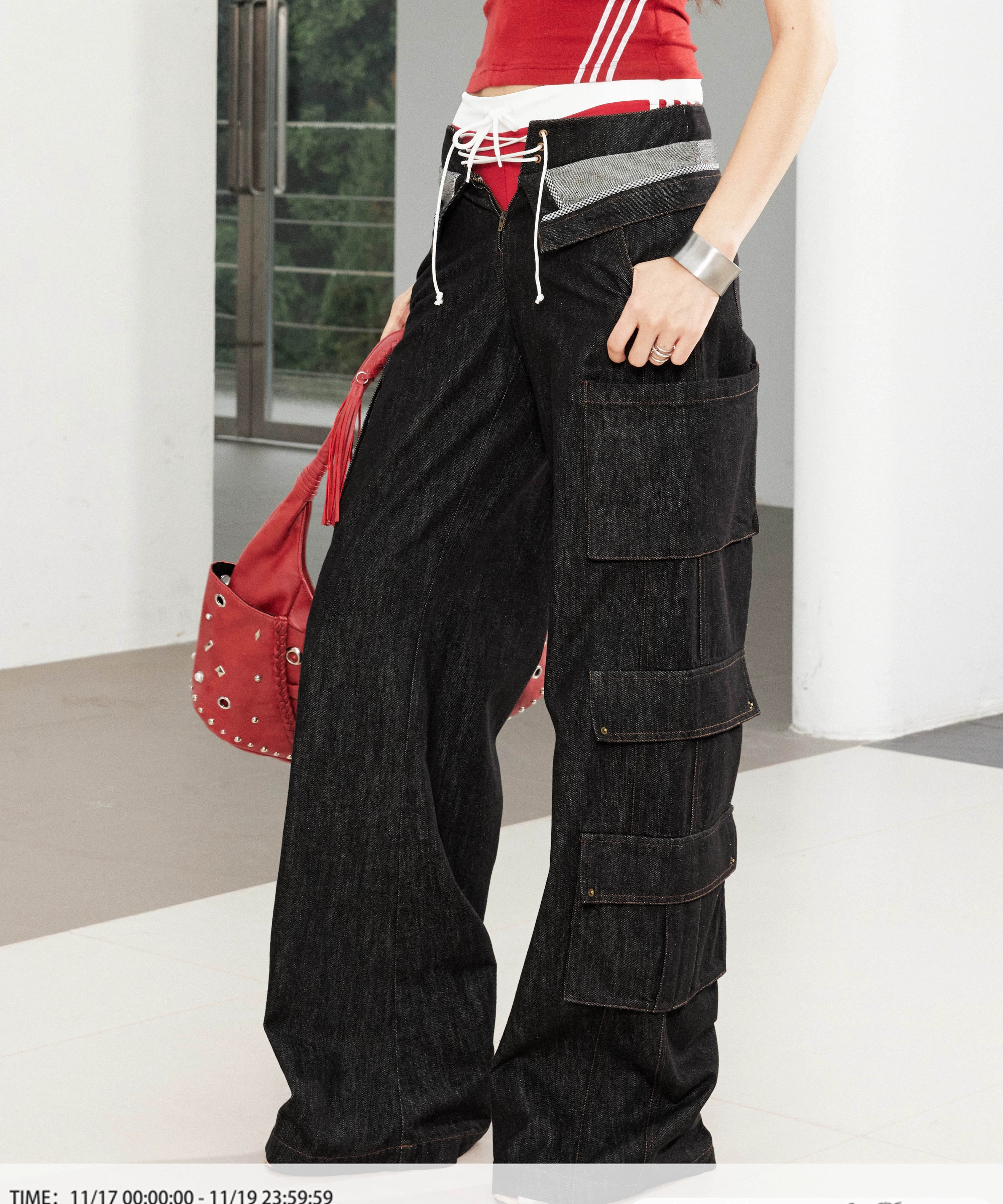 2th Desire美式复古多口袋立体双腰头剪裁低腰弯刀工装直筒牛仔裤