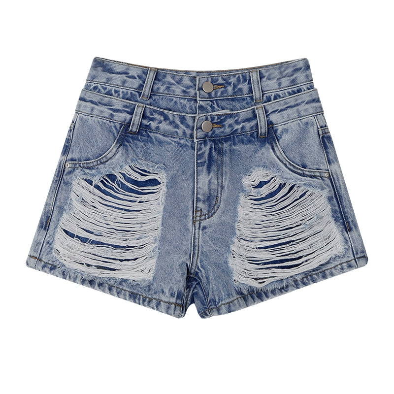 野生zerocircle破洞高腰牛仔短裤女夏设计感小众辣妹显瘦休闲裤子
