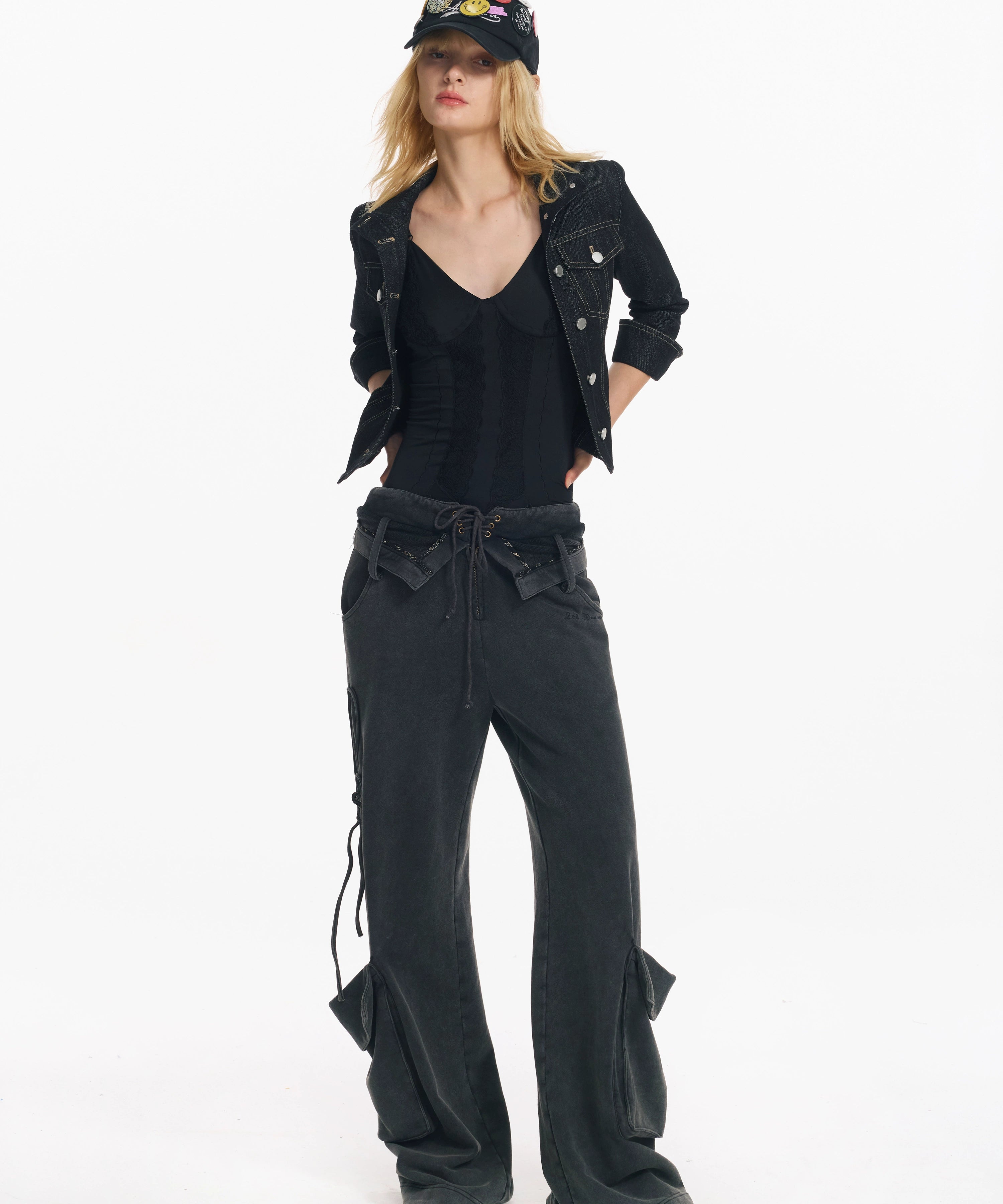 2th Desire原创做旧水洗立体口袋翻折腰头绑带设计感直筒工装长裤