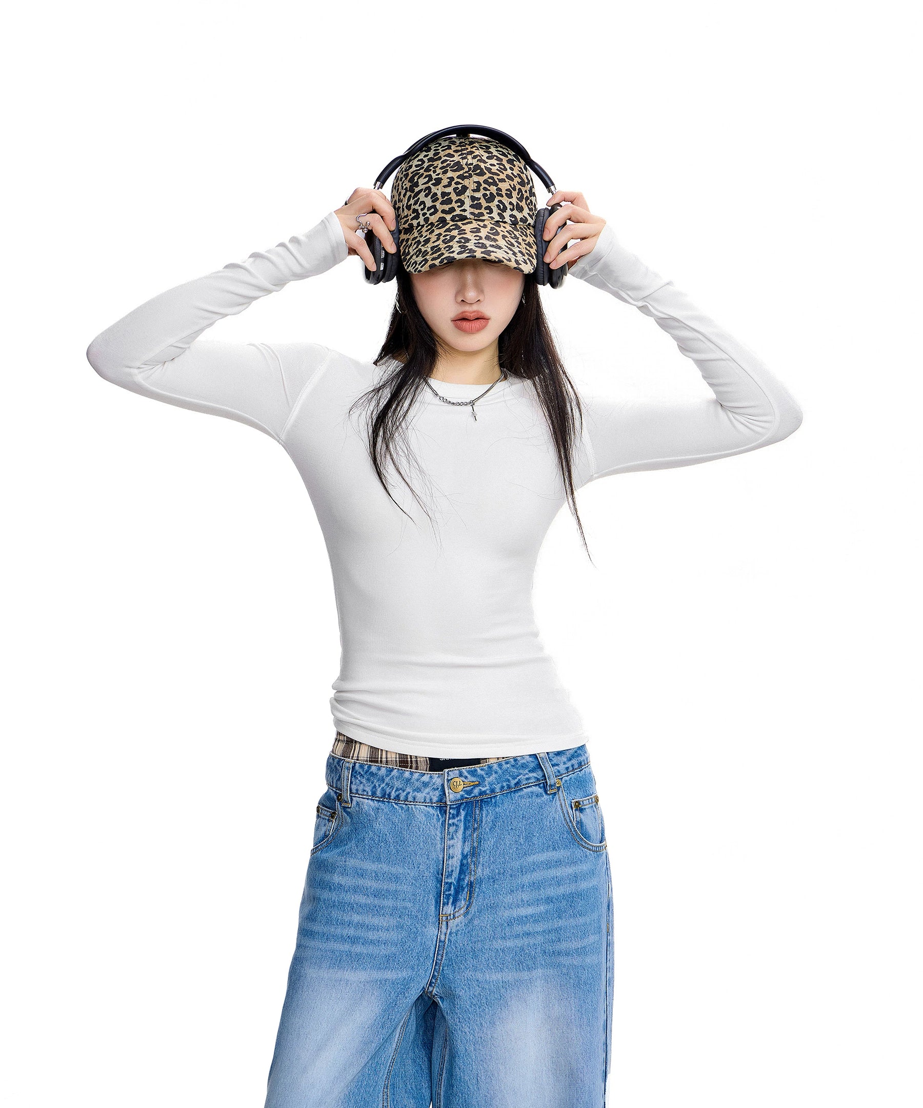 ICH MODE 美式复古正肩长袖T恤女秋冬修身内搭打底衫一字肩上衣