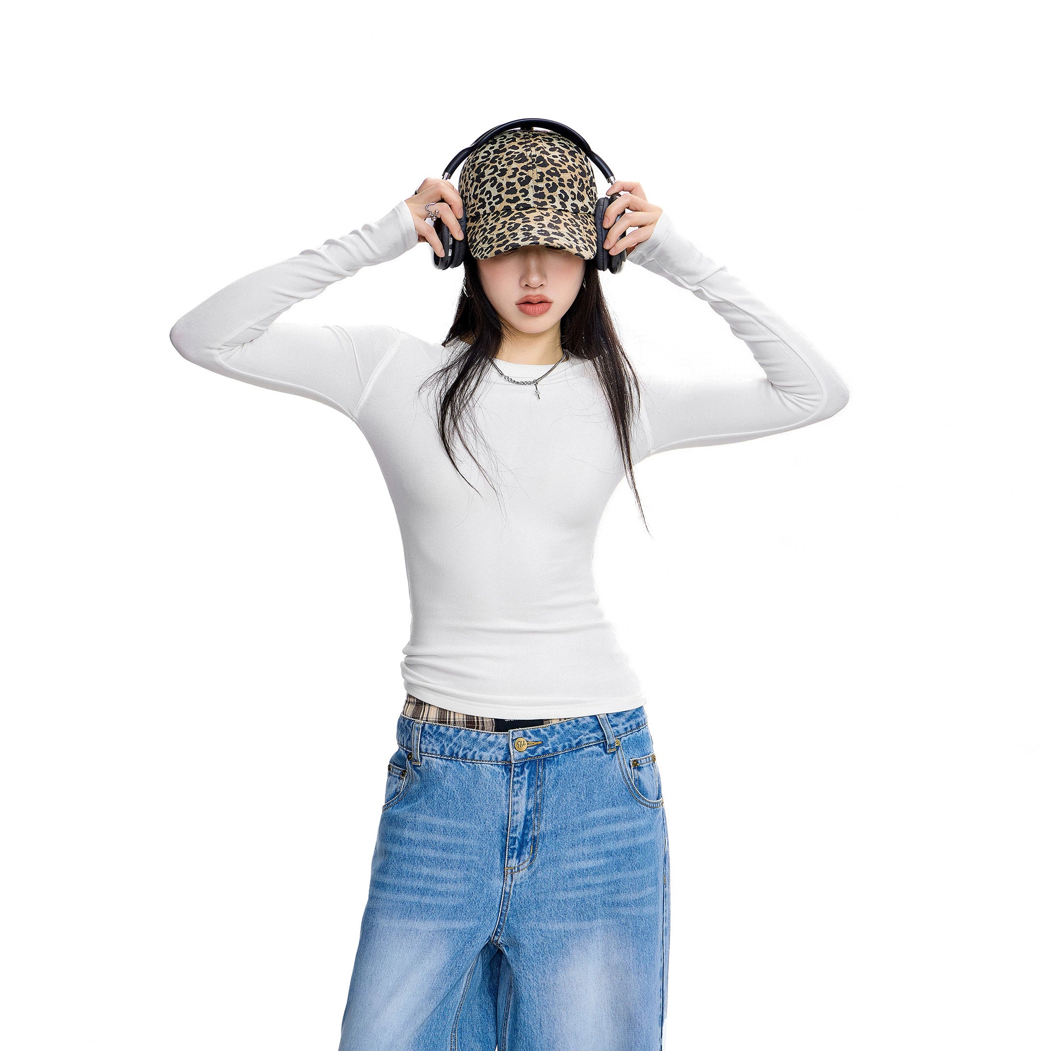 ICH MODE 美式复古正肩长袖T恤女秋冬修身内搭打底衫一字肩上衣