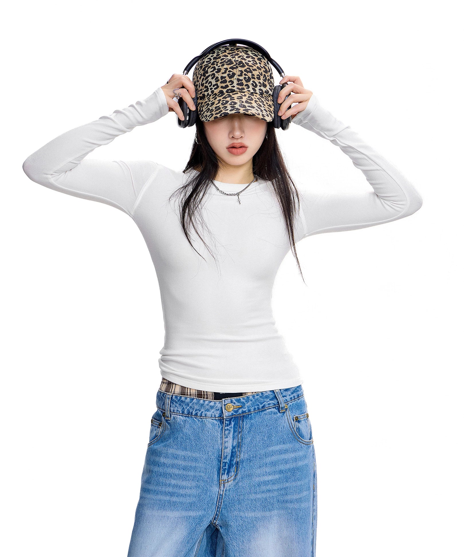 ICH MODE 美式复古正肩长袖T恤女秋冬修身内搭打底衫一字肩上衣