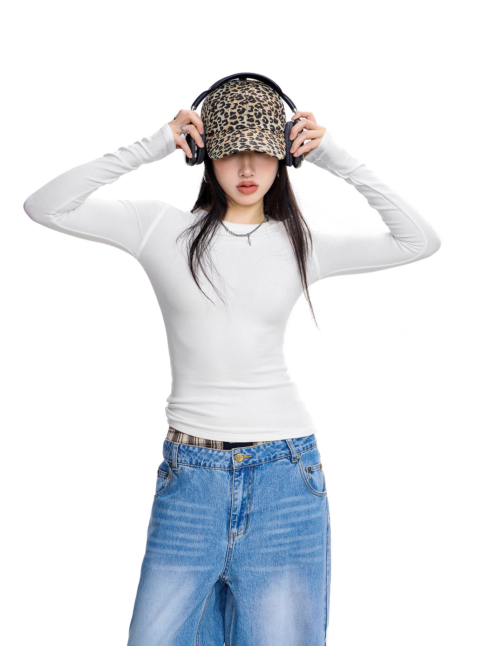 ICH MODE 美式复古正肩长袖T恤女秋冬修身内搭打底衫一字肩上衣