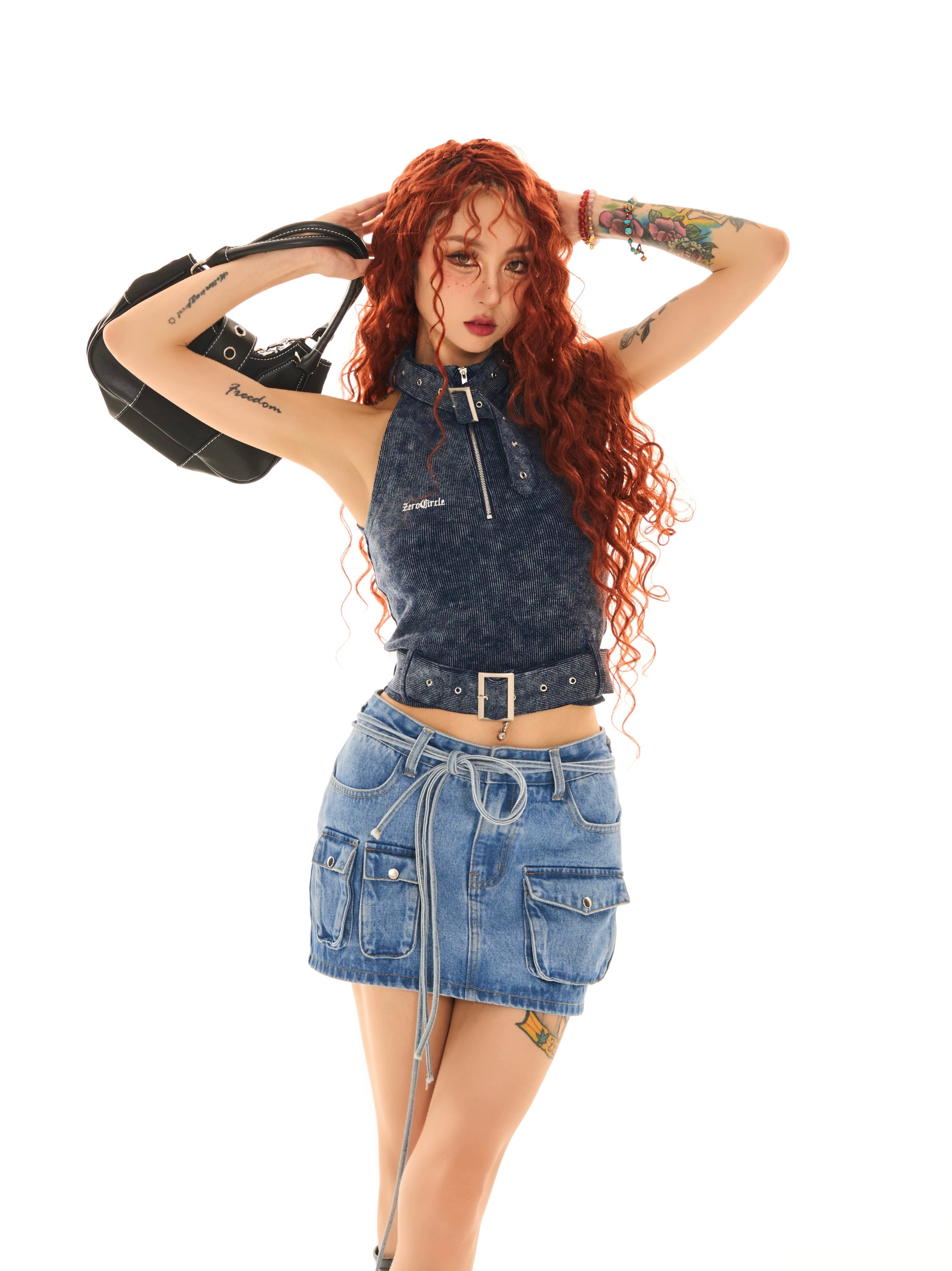 野生zerocircle 牛仔半身裙女秋设计感小众abg辣妹显瘦直筒短裙子