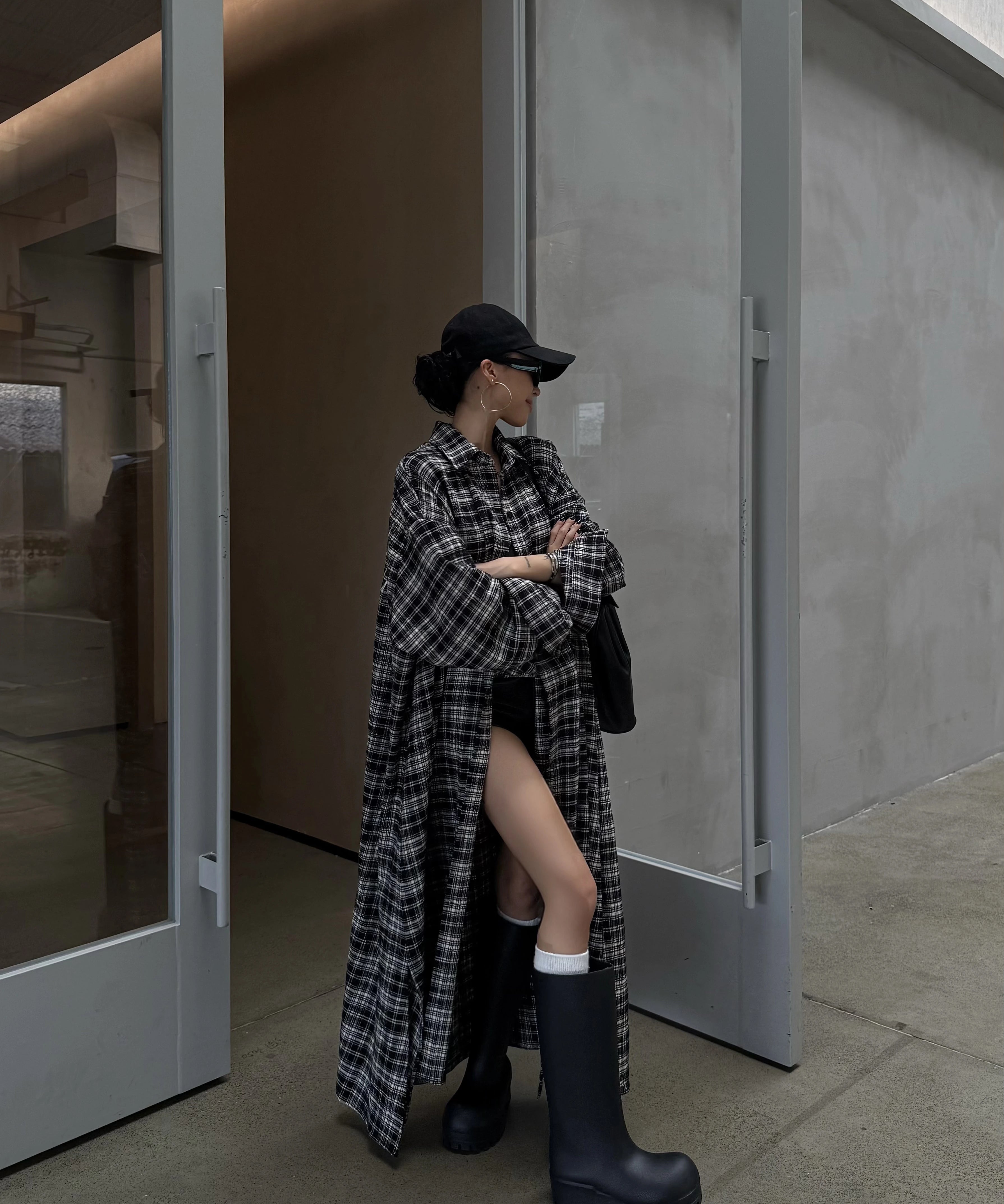 野生zero 格纹长款廓形衬衫女秋季新款美式复古磨毛休闲宽松外套