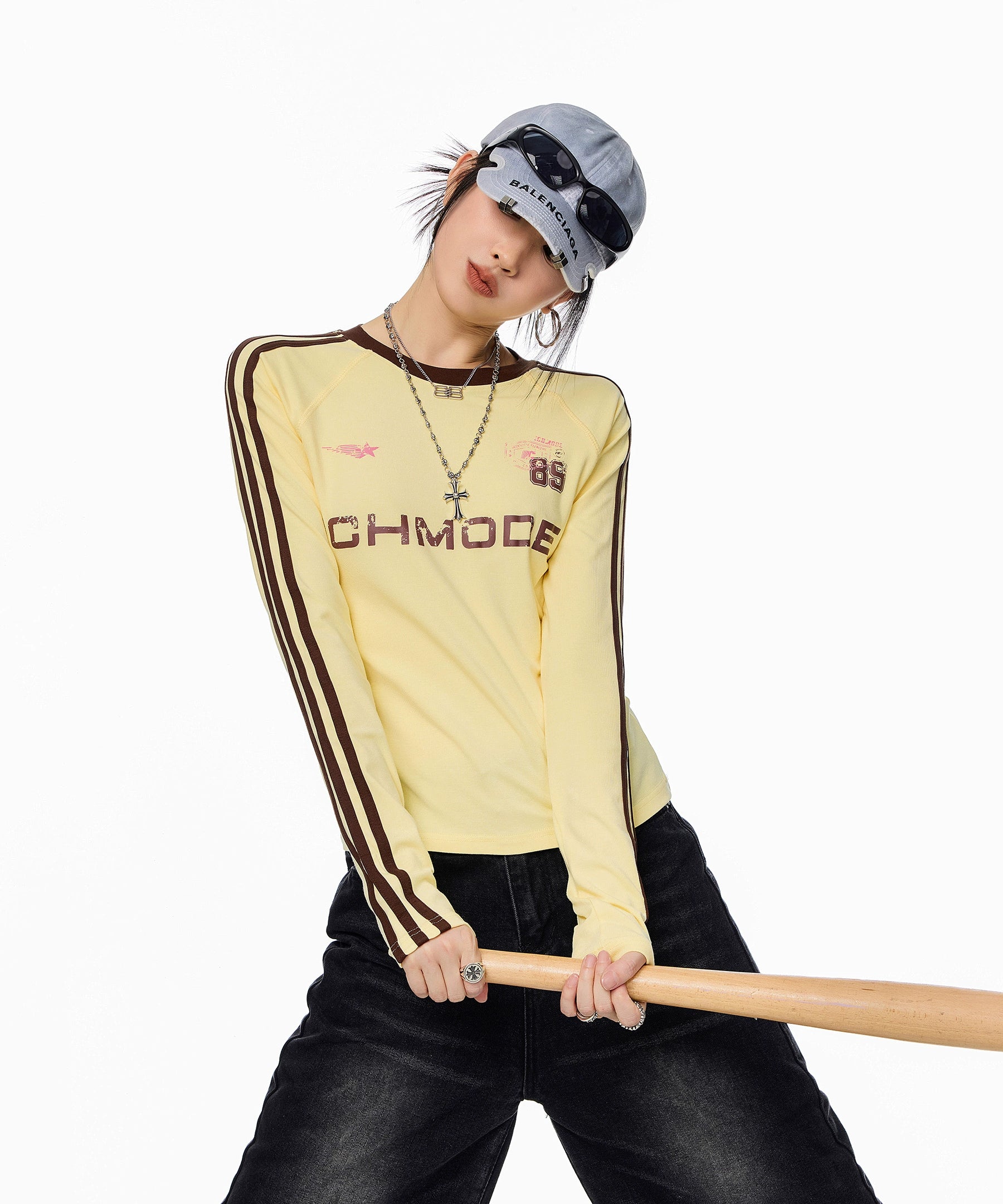 ICH MODE 美式复古正肩长袖T恤女秋冬新款修身运动正肩上衣打底衫