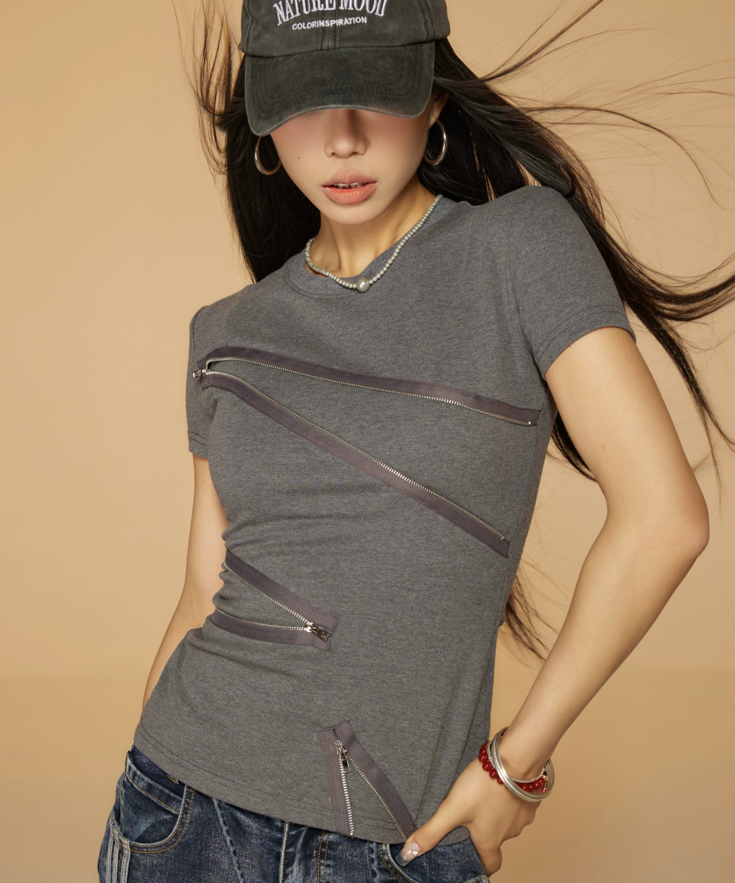 野生zerocircle 黑灰色正肩短袖t恤女夏季辣妹修身设计感拉链上衣