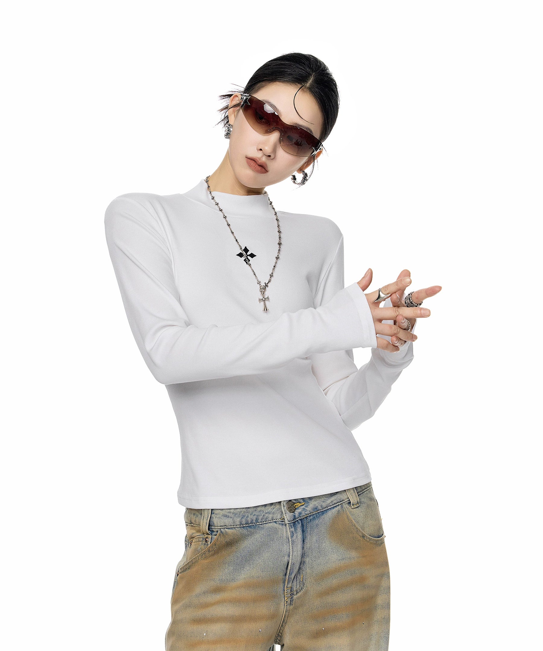 ICH MODE 美式复古修身长袖T恤女秋冬内搭打底衫修身圆领正肩上衣