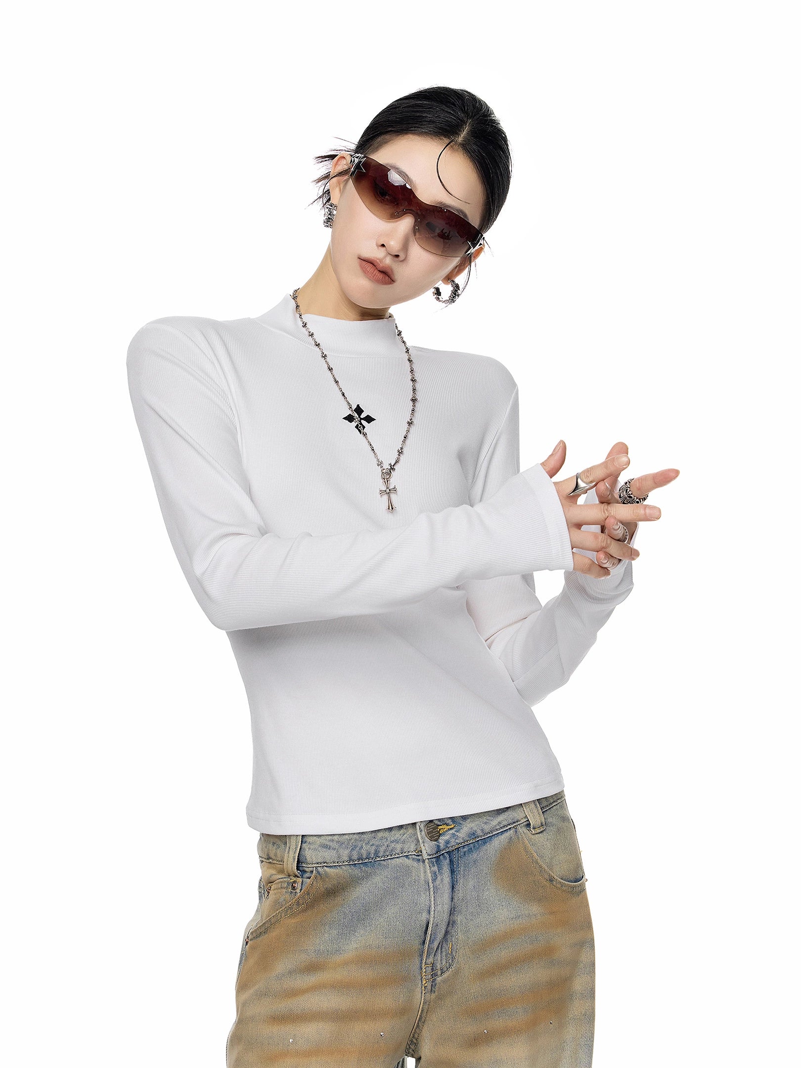 ICH MODE 美式复古修身长袖T恤女秋冬内搭打底衫修身圆领正肩上衣