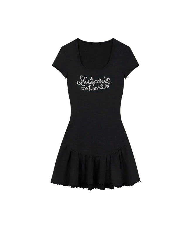 野生zero 黑灰色烫钻a字修身短袖连衣裙女夏季辣妹收腰显瘦短裙子