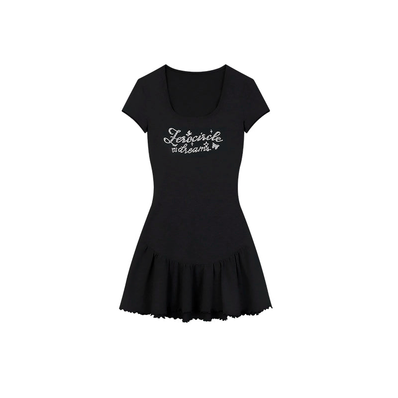 野生zero 黑灰色烫钻a字修身短袖连衣裙女夏季辣妹收腰显瘦短裙子