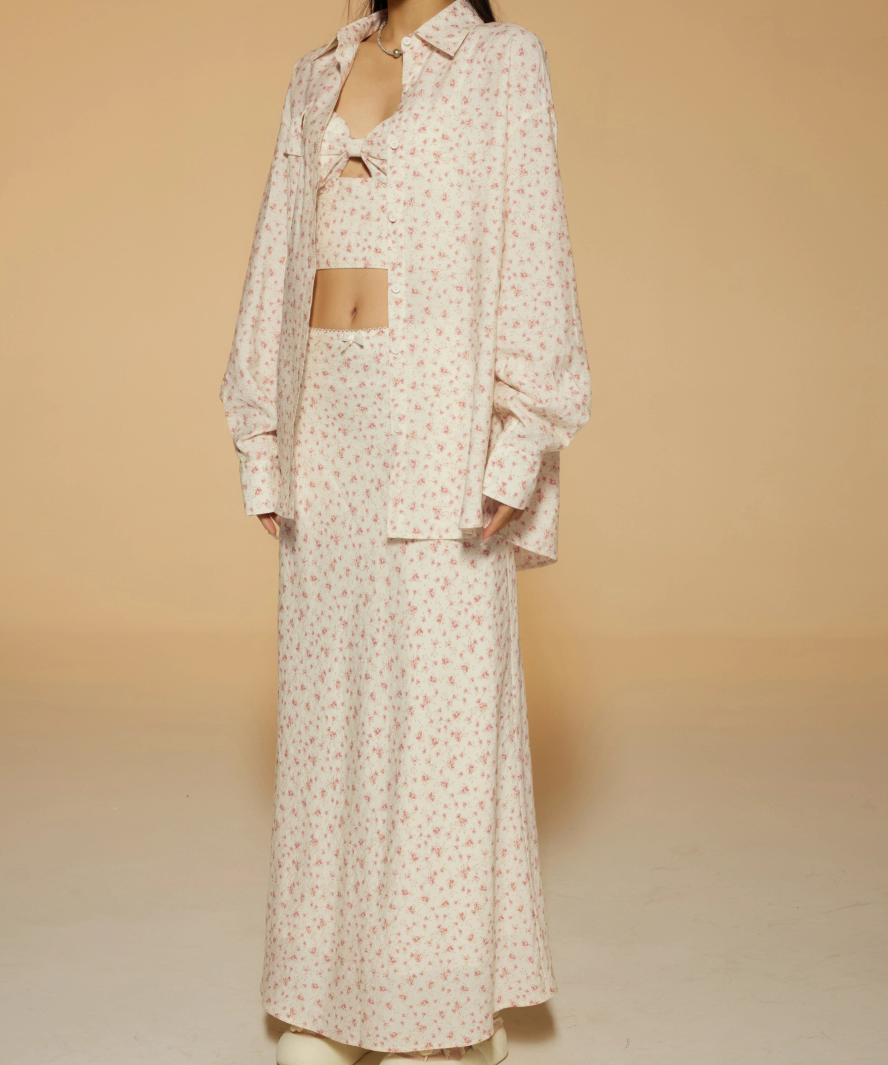 野生zerocircle 碎花衬衫三件套装裙女春夏吊带背心显瘦a字长裙子