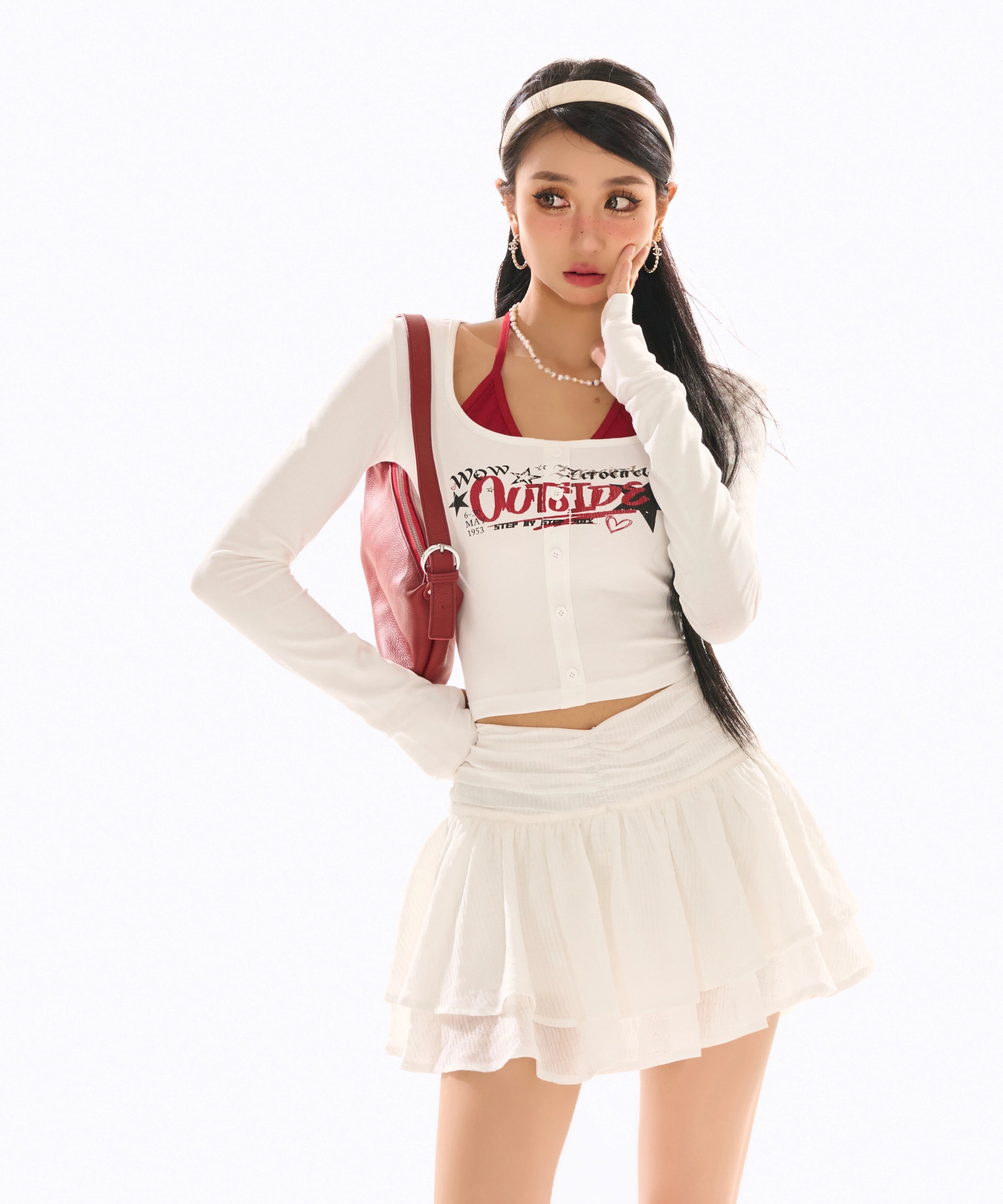 野生zero 撞色正肩长袖t恤女春夏辣妹修身显瘦印花假两件短款上衣