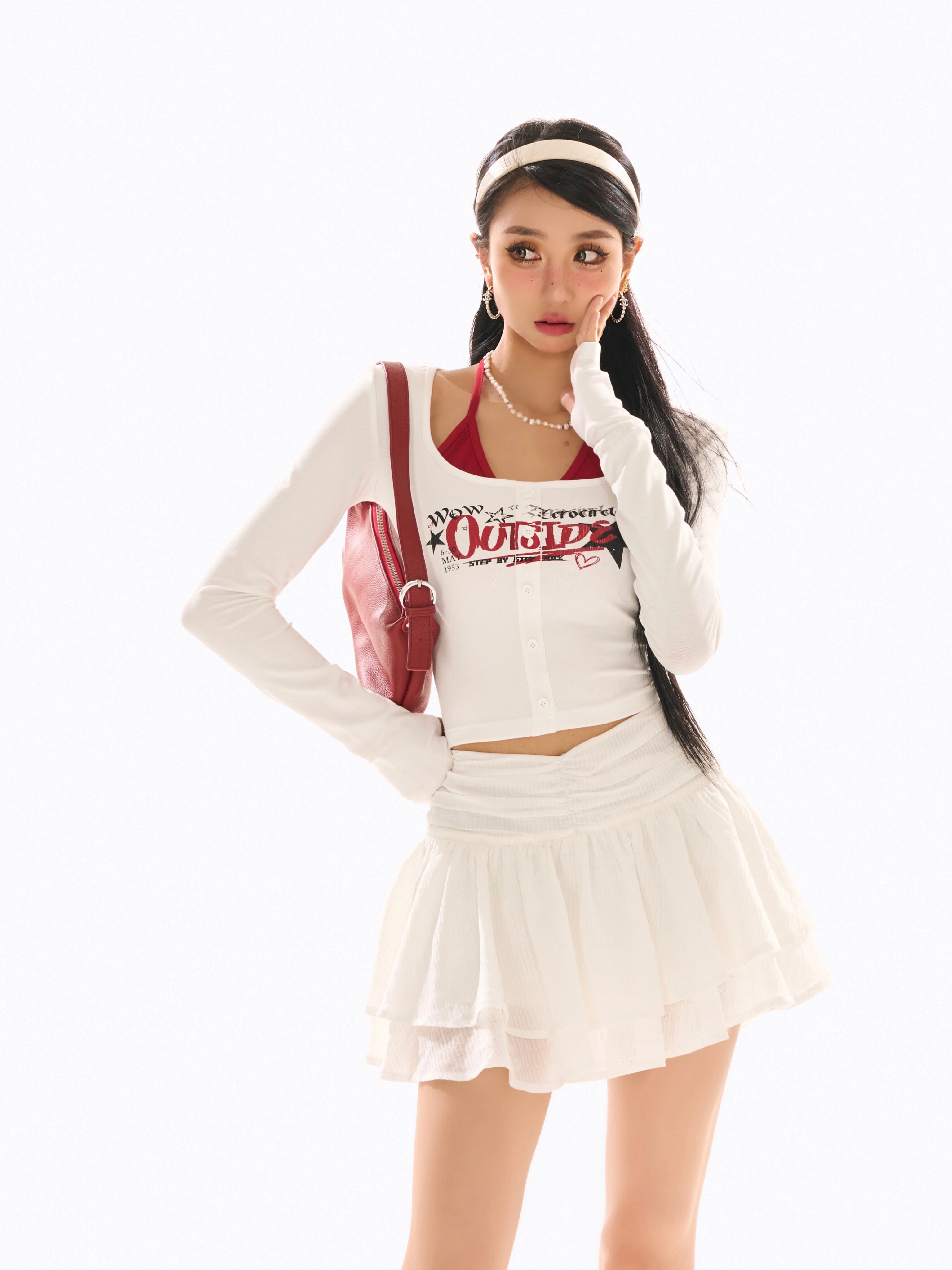 野生zero 撞色正肩长袖t恤女春夏辣妹修身显瘦印花假两件短款上衣