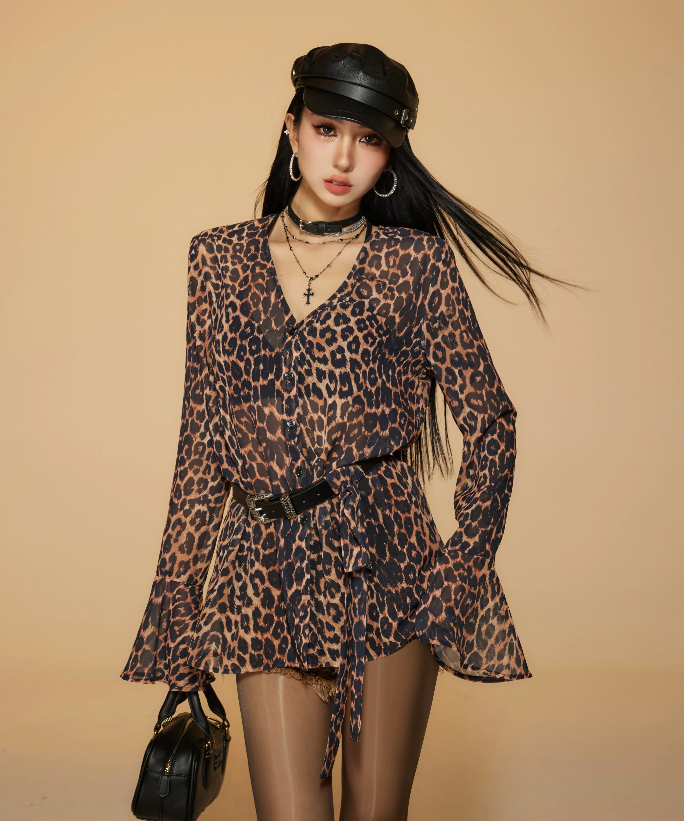 野生zero 豹纹雪纺v领衬衫女夏宽松显瘦绑带设计感喇叭袖薄款上衣