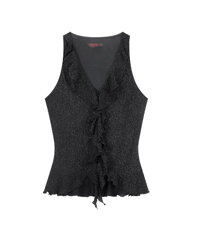 野生zero 辣妹套装裙女夏黑色荷叶边V领无袖背心上衣直筒中长裙子