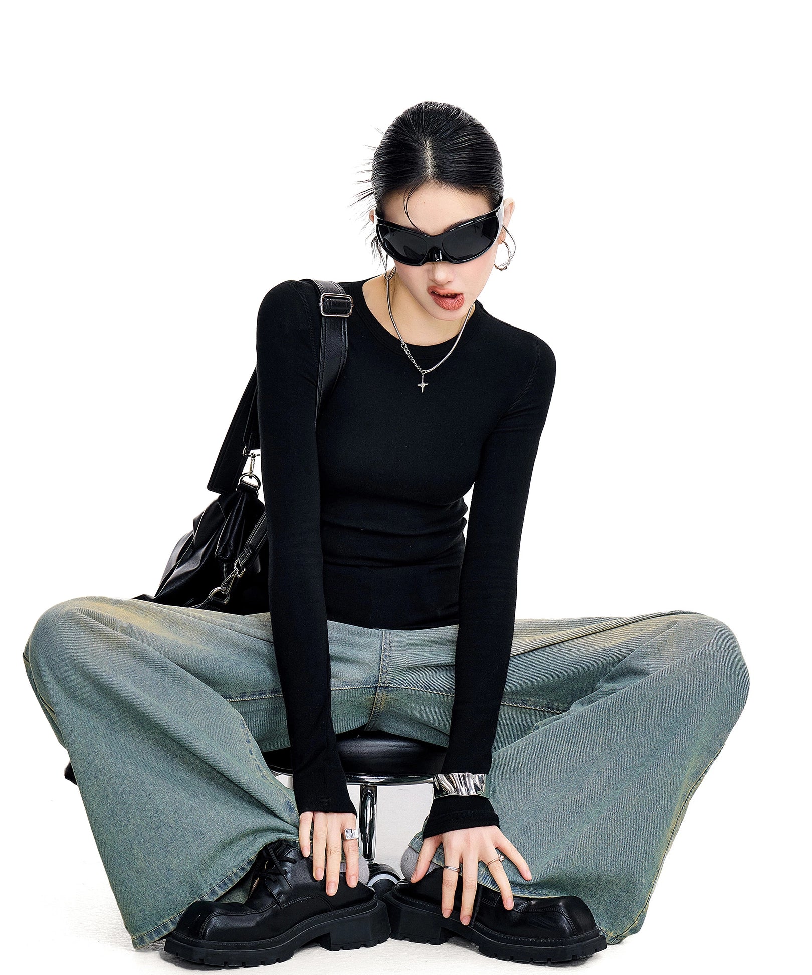 ICH MODE 美式复古正肩长袖T恤女秋冬修身内搭打底衫一字肩上衣