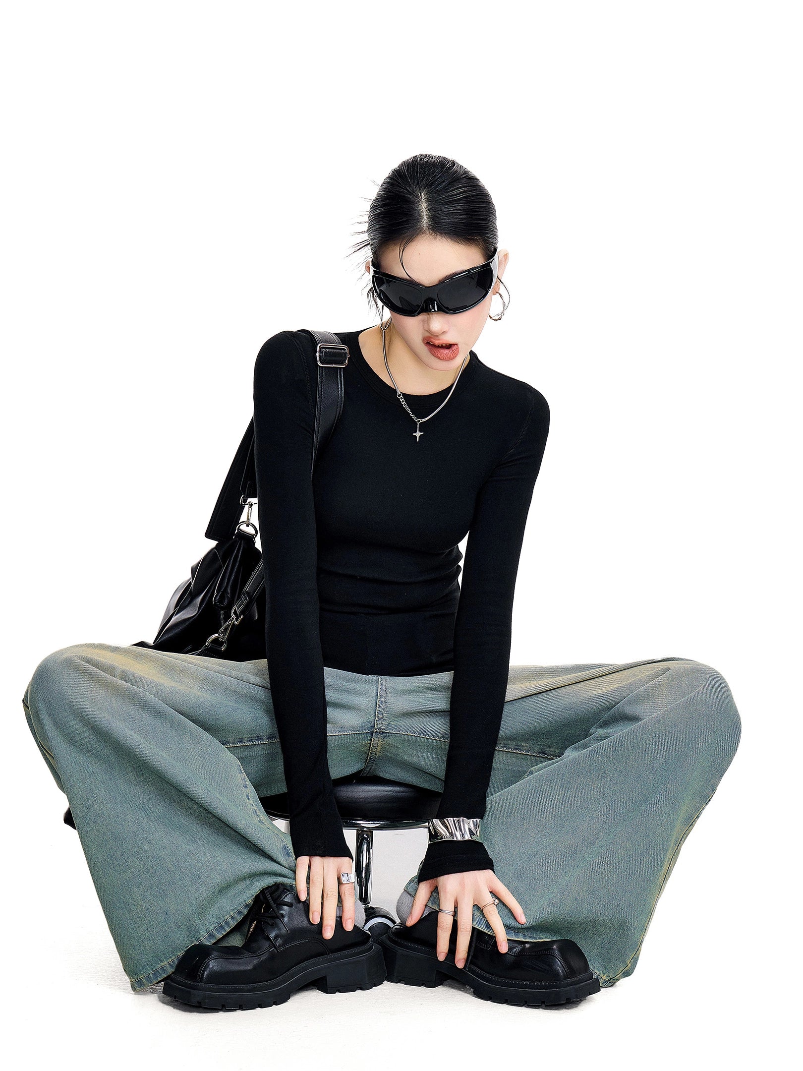 ICH MODE 美式复古正肩长袖T恤女秋冬修身内搭打底衫一字肩上衣