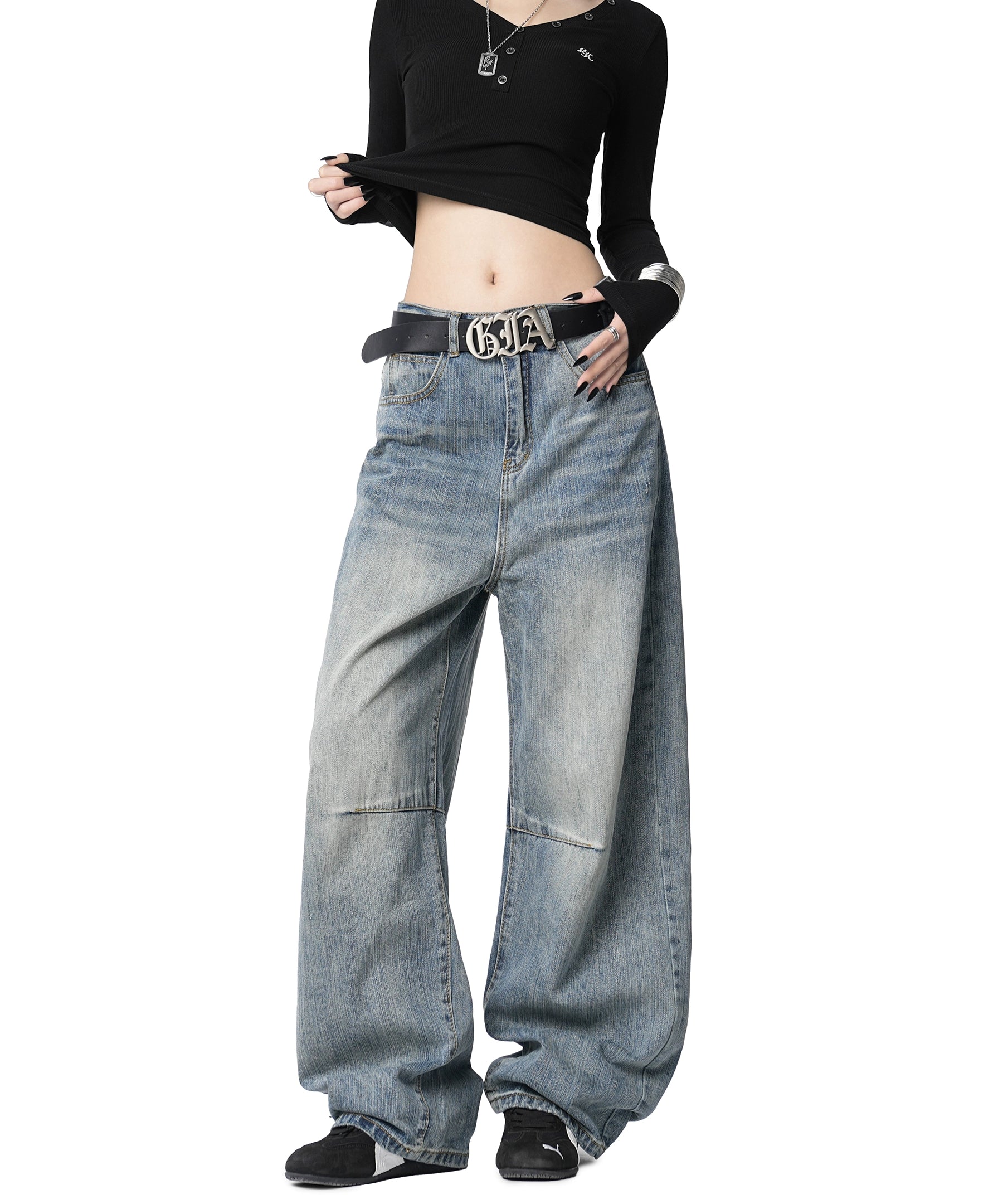 ICH MODE 美式复古水洗牛仔裤女休闲宽松直筒裤弯刀阔腿裤运动裤