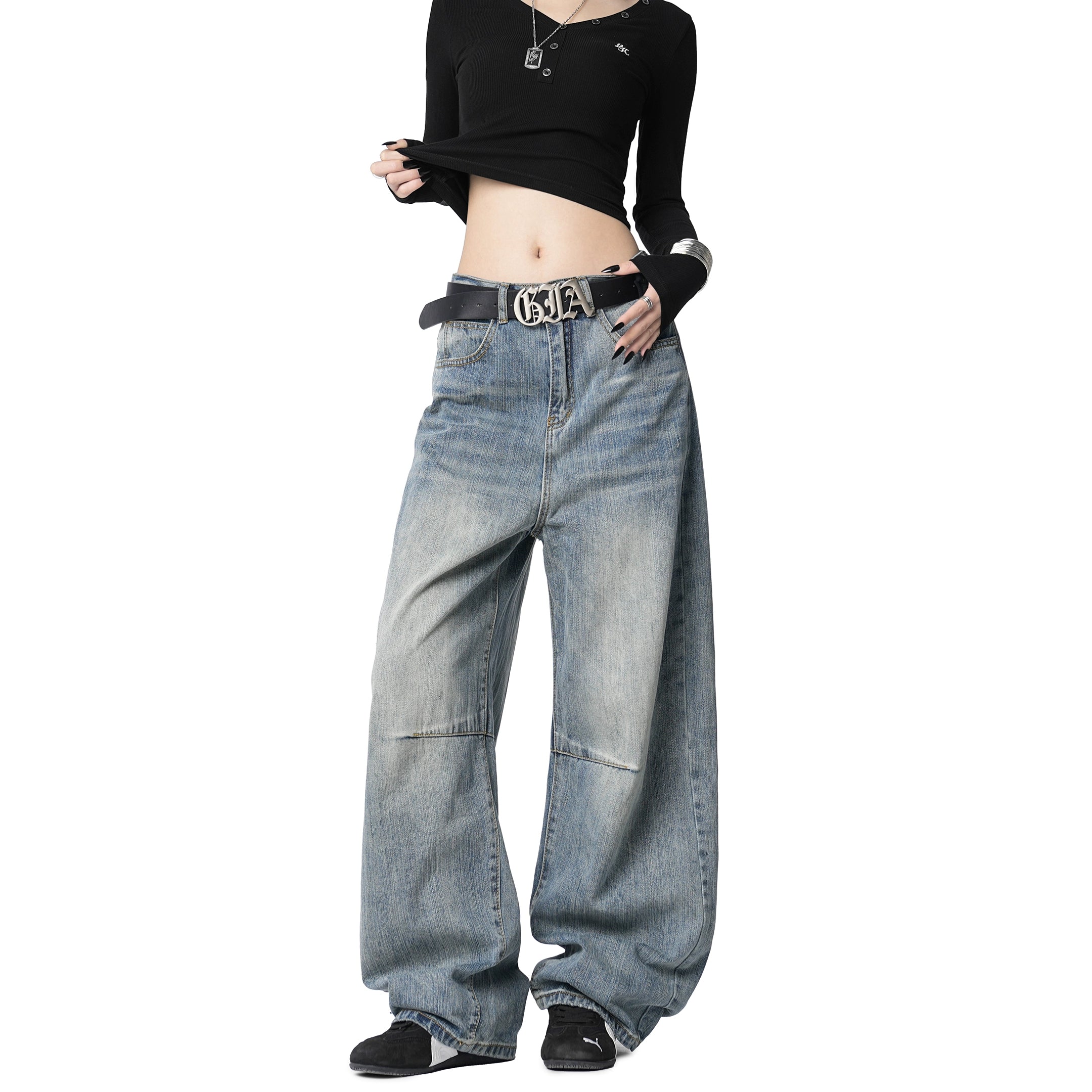 ICH MODE 美式复古水洗牛仔裤女休闲宽松直筒裤弯刀阔腿裤运动裤