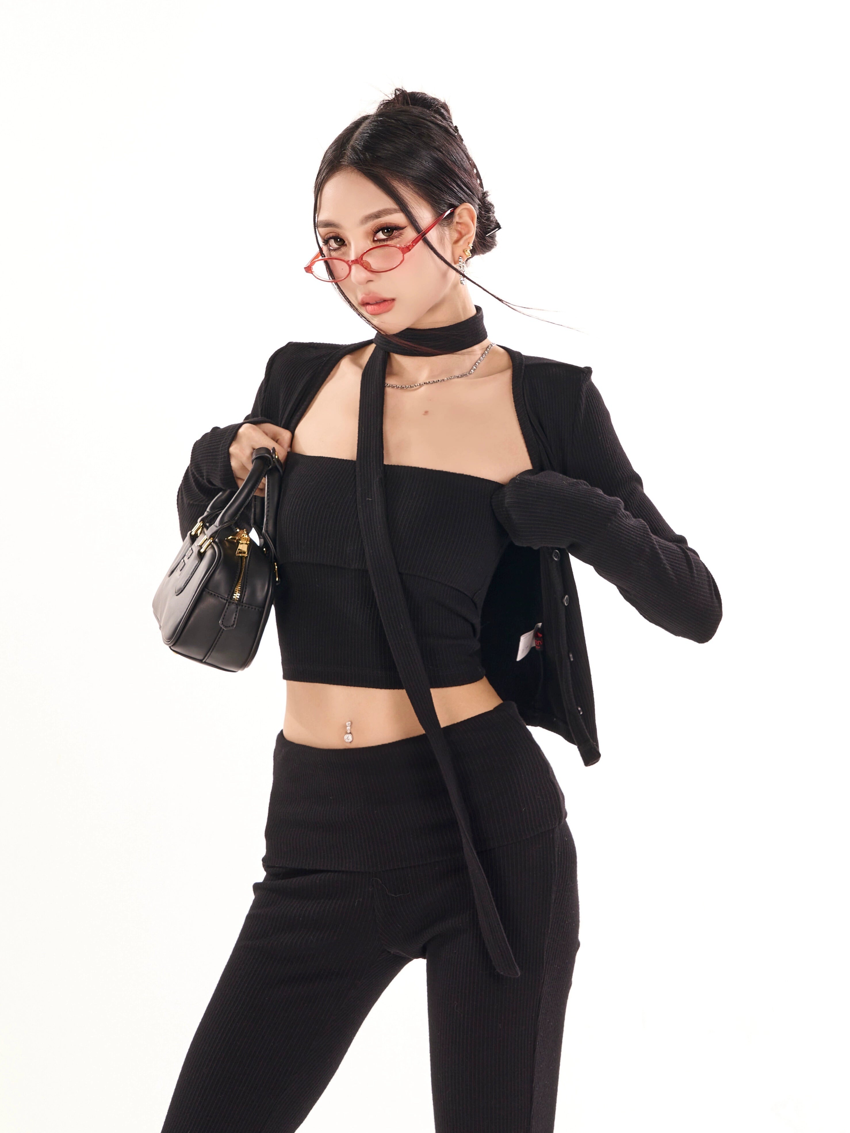 野生zero针织开衫三件套装女春夏季灰色抹胸辣妹上衣修身微喇裤子