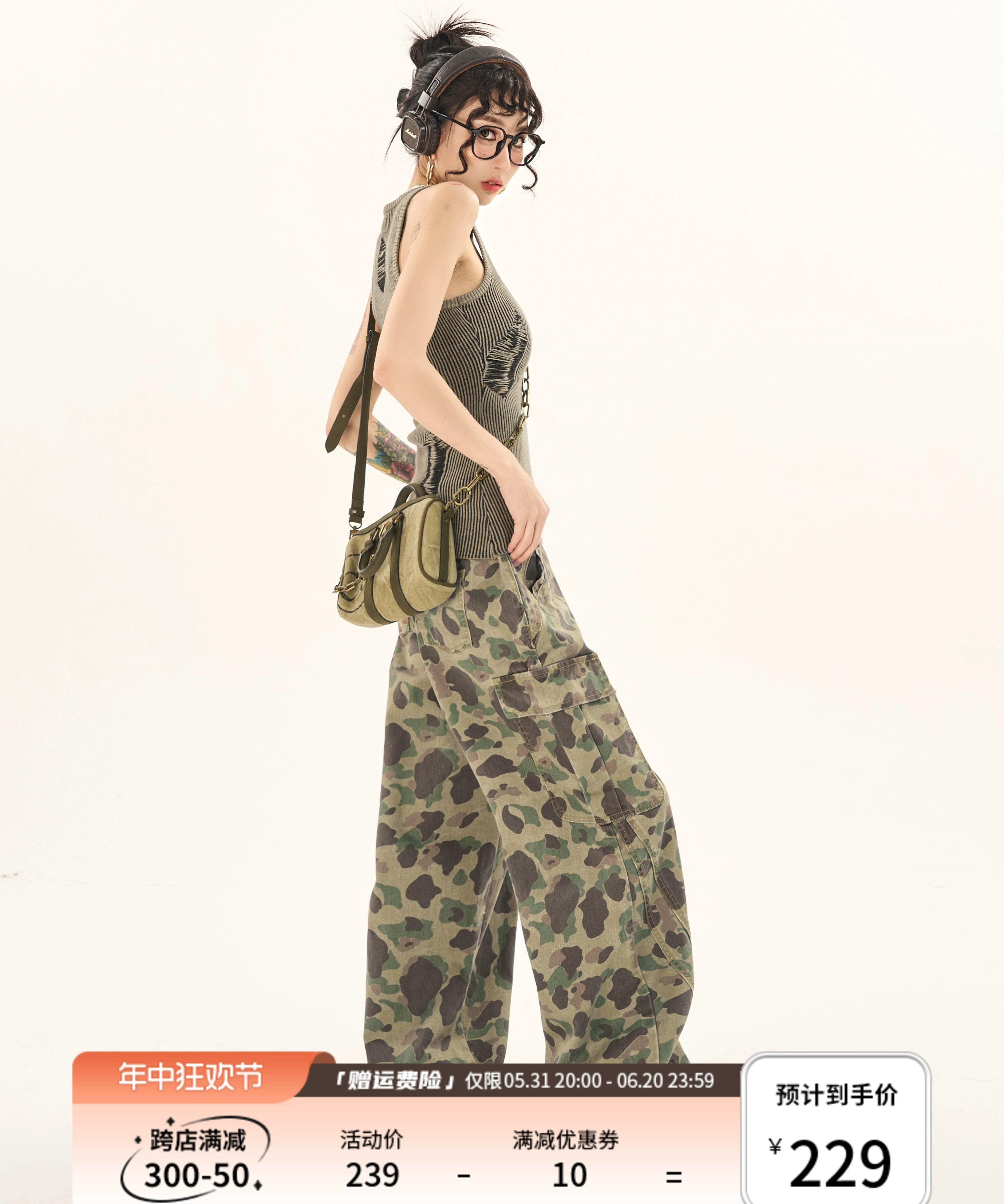 野生zerocircle迷彩工装裤女春夏设计感宽松显瘦直筒阔腿休闲裤子