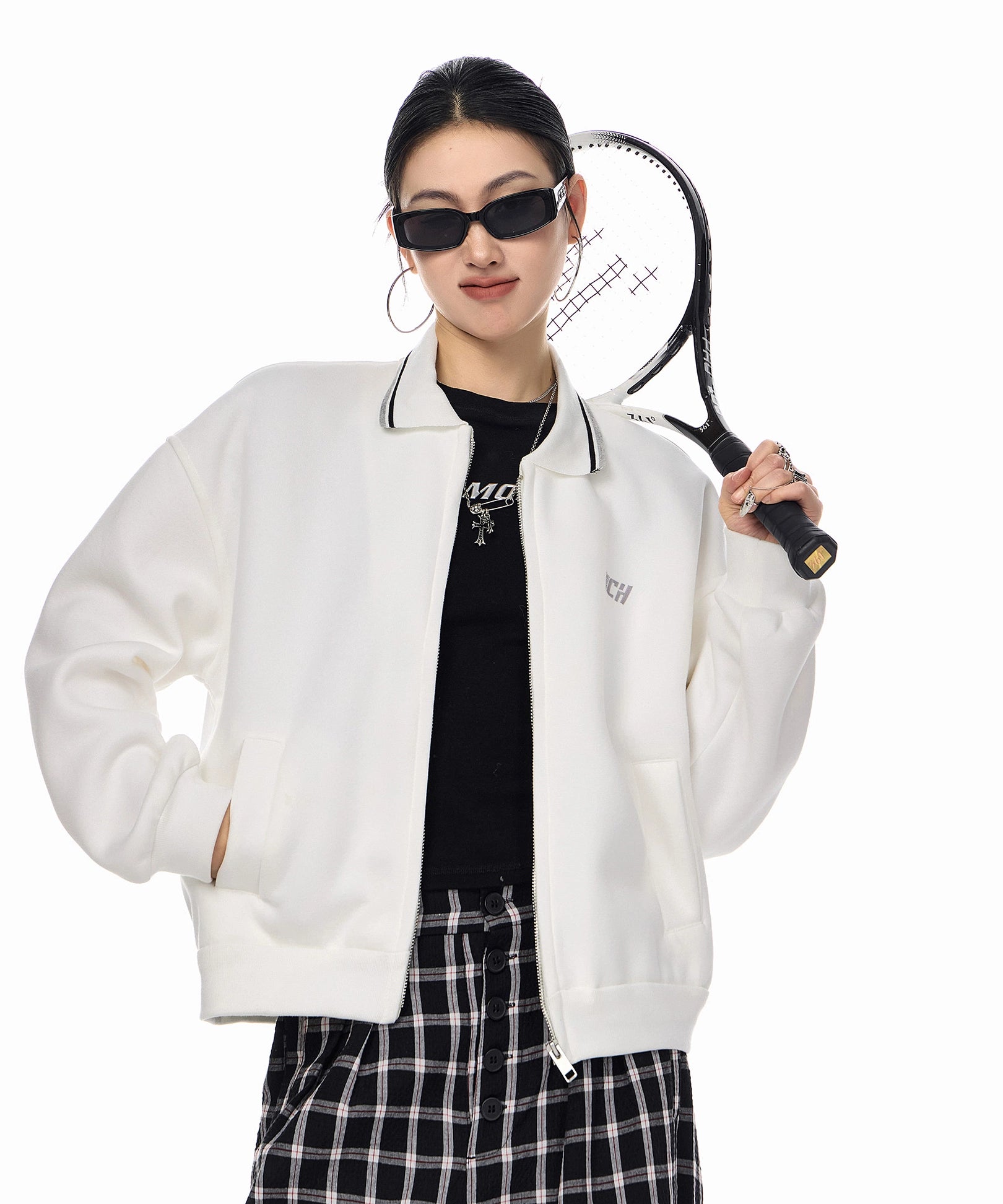 ICH MODE 美式复古刺绣翻领短款外套女2025新款秋季运动开衫上衣