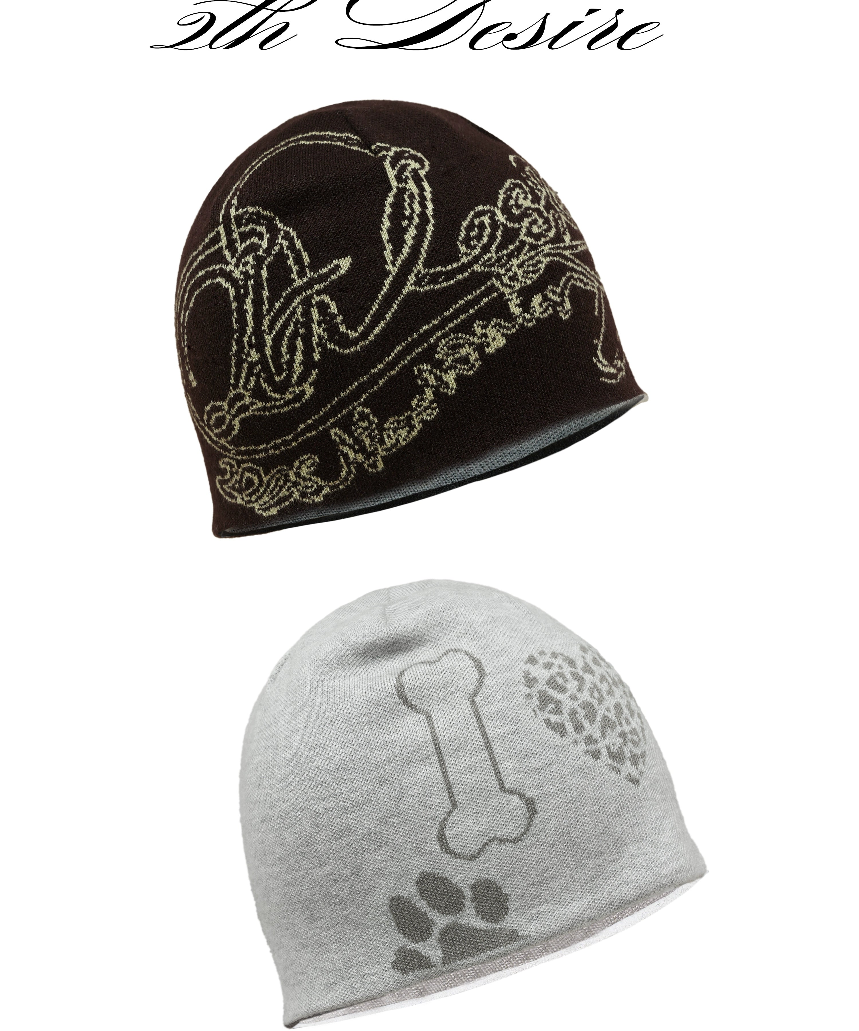 2th Desire设计感撞色印花双面戴针织毛线帽冬季保暖包头帽冷帽