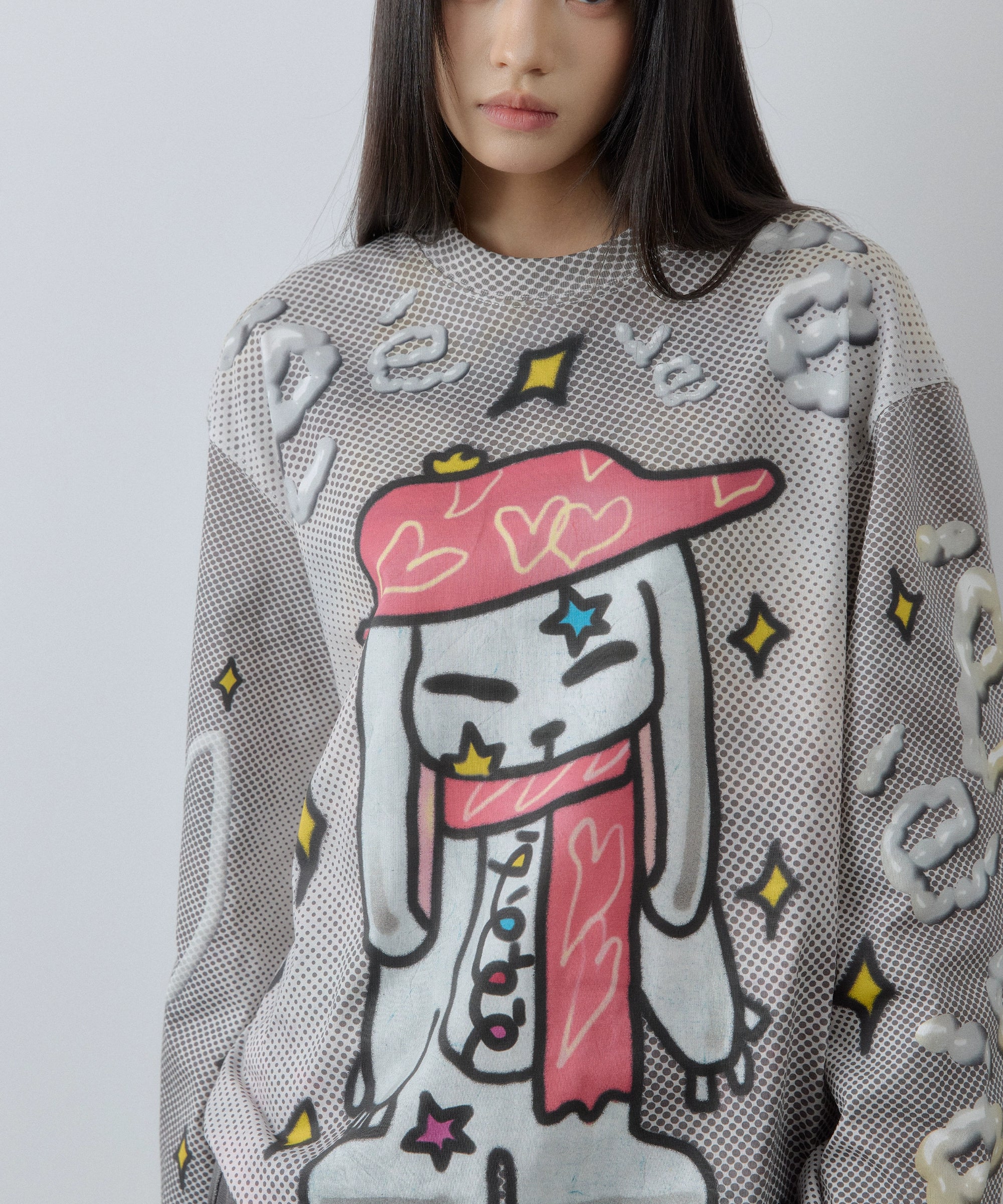 “礼帽兔子”| eeee设计感手绘涂鸦插画T恤3D字母满印波点长袖TEE