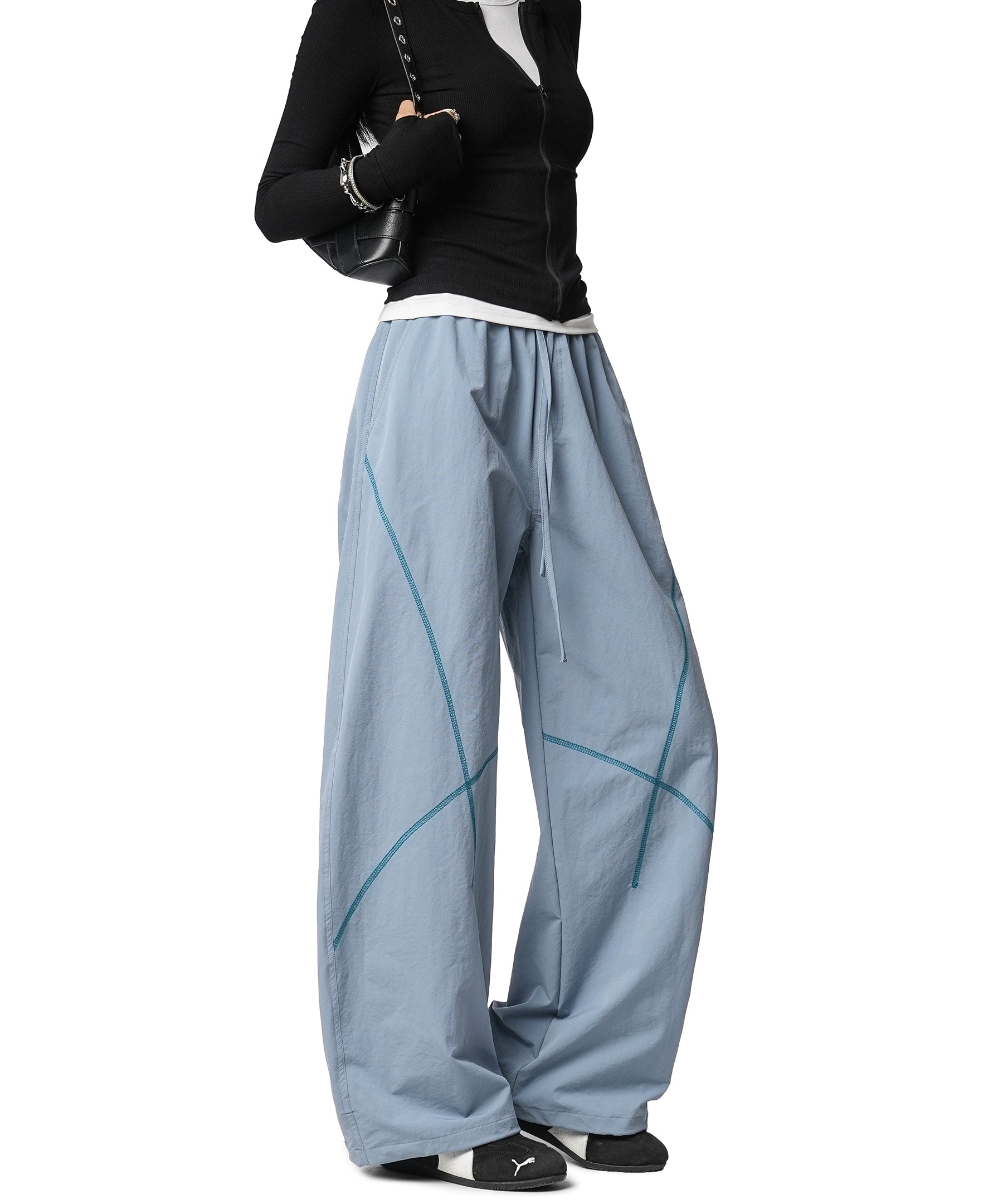 ICH MODE 美式复古户外哈苏线休闲裤女宽松弯刀裤阔腿直筒运动裤