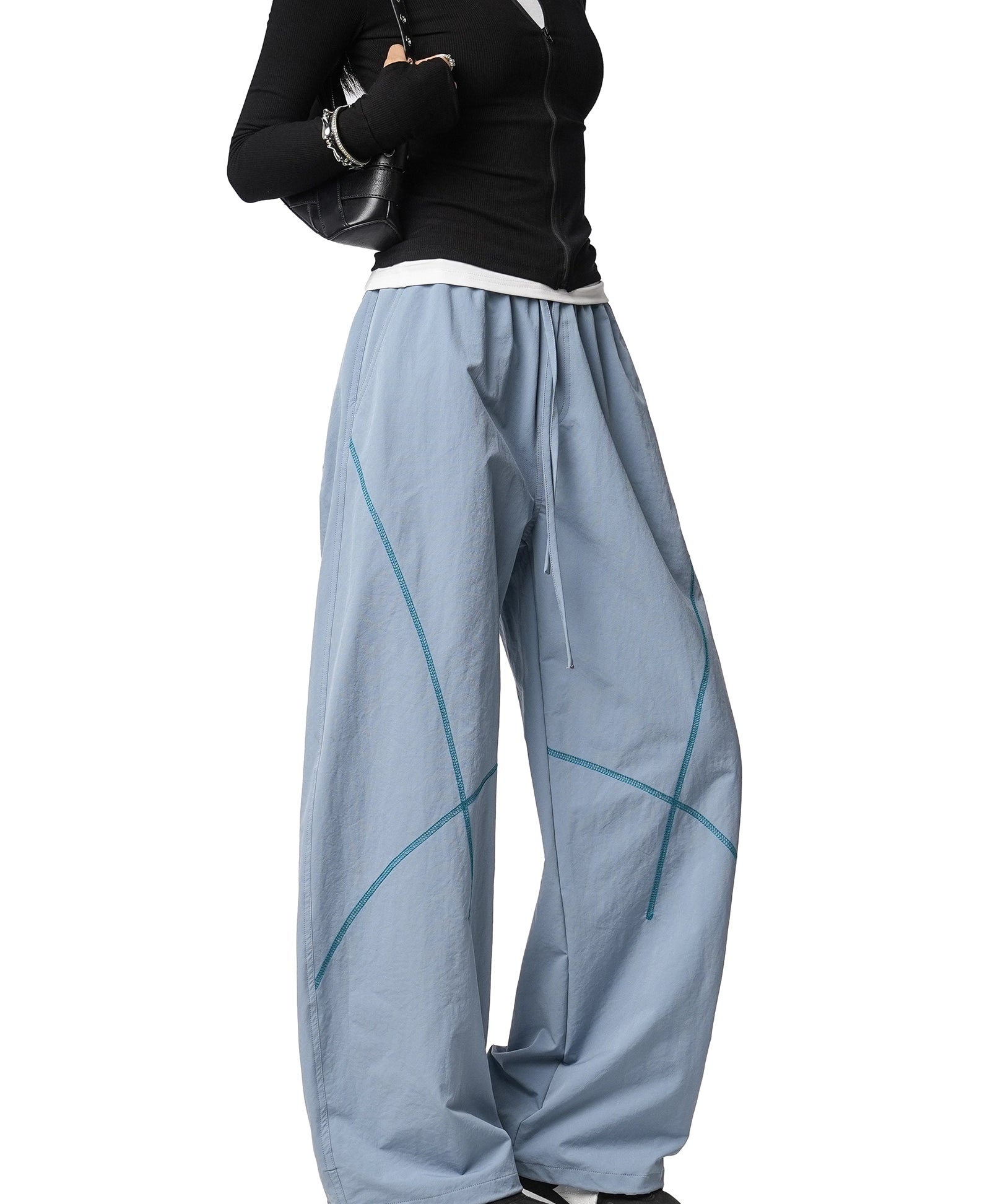 ICH MODE 美式复古户外哈苏线休闲裤女宽松弯刀裤阔腿直筒运动裤