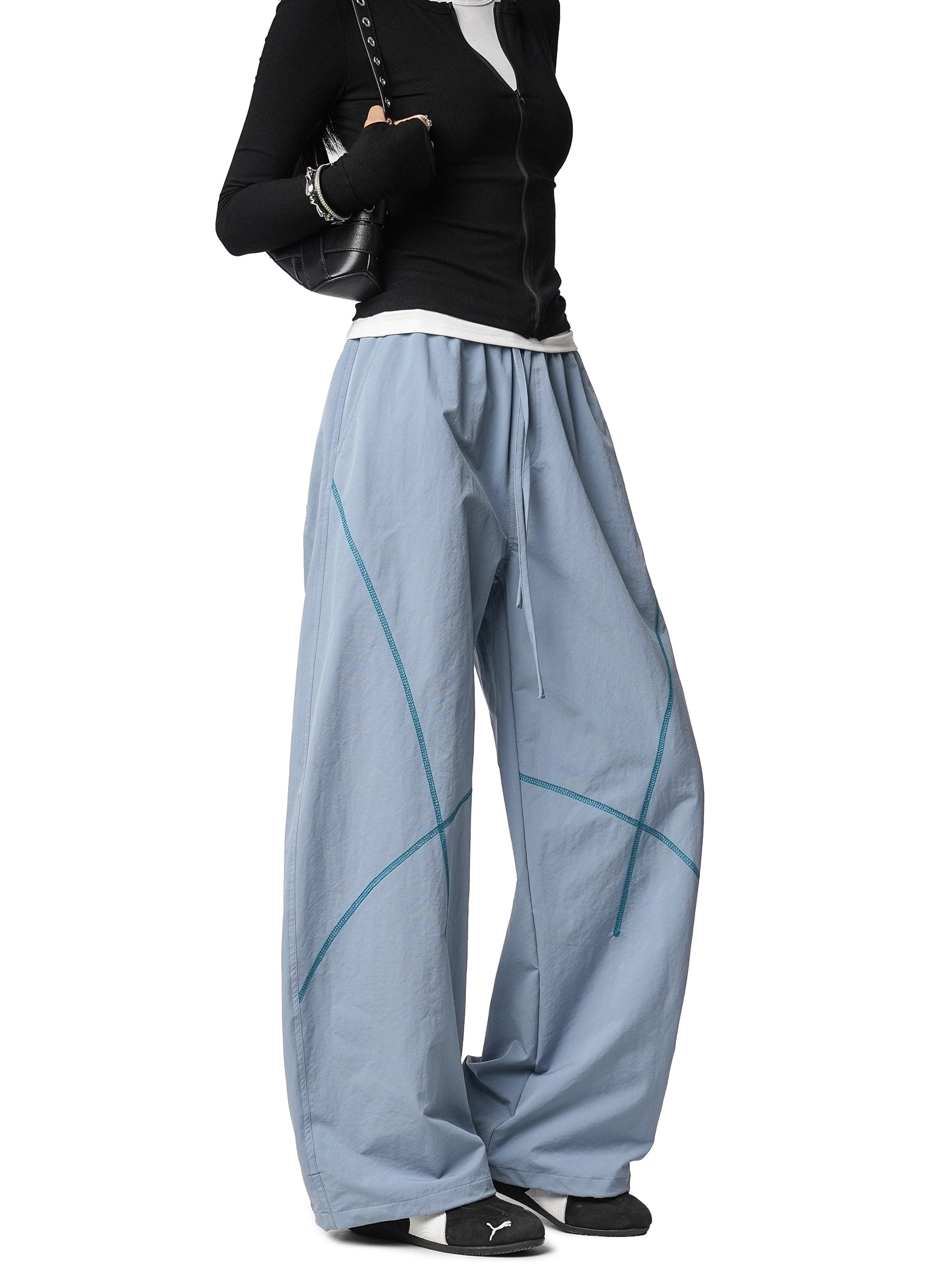 ICH MODE 美式复古户外哈苏线休闲裤女宽松弯刀裤阔腿直筒运动裤