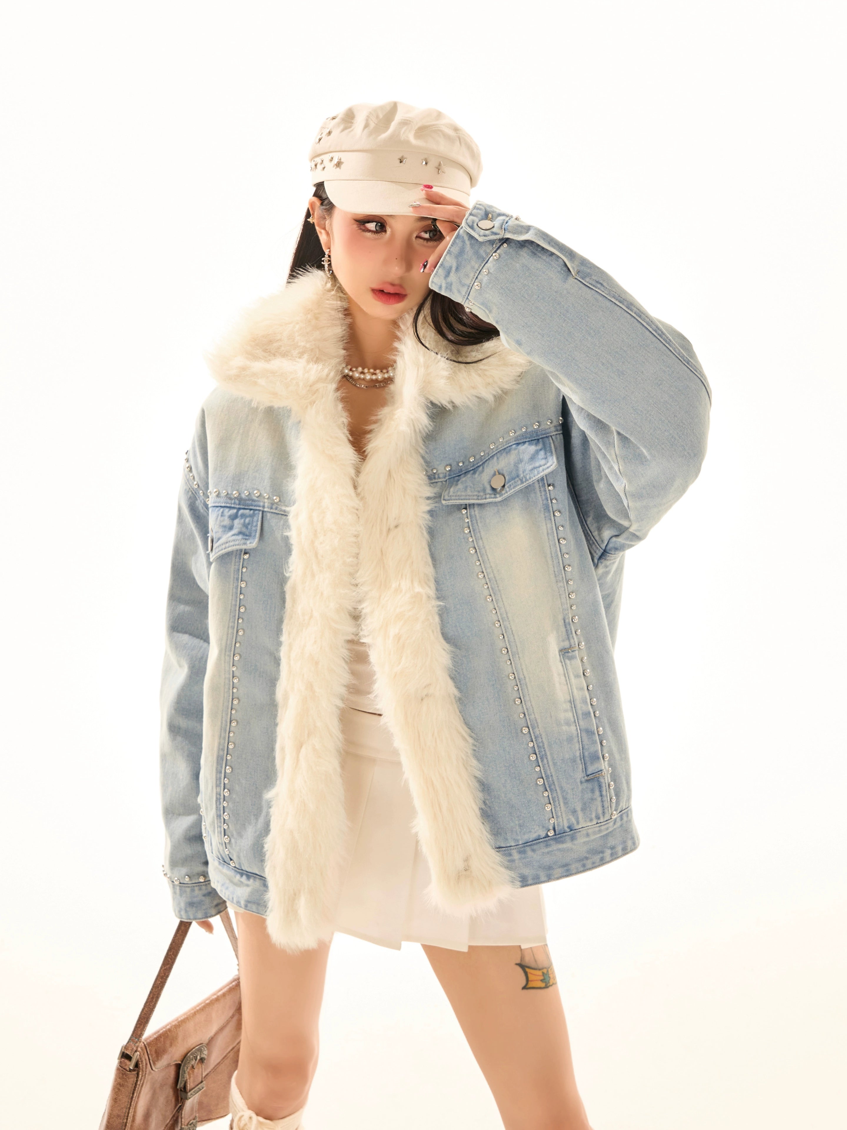 野生zerocircle毛领加厚牛仔外套女秋冬夹棉韩系慵懒风设计感显瘦